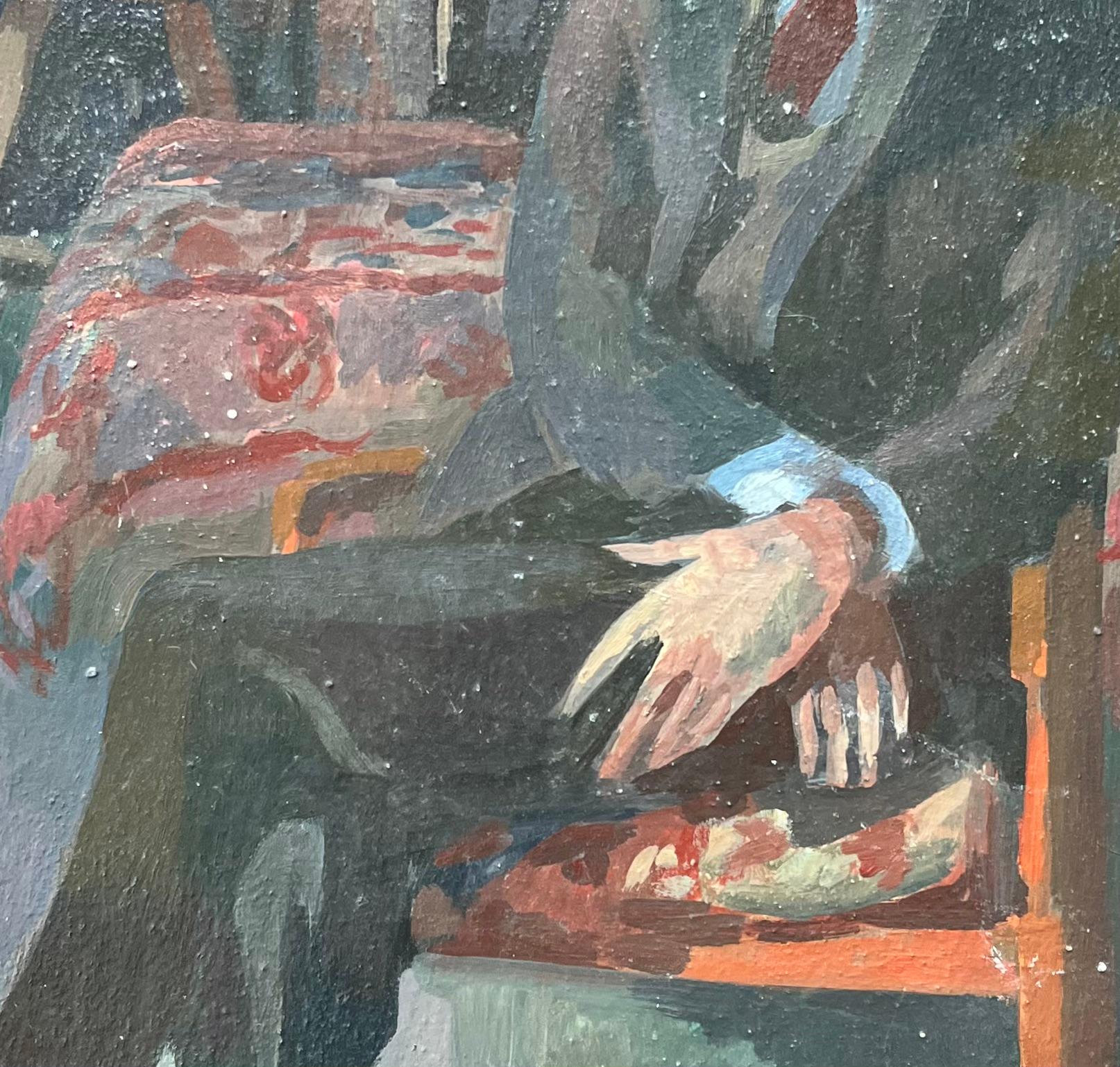 Óleo francés moderno Retrato de hombre en una escena interior de biblioteca en venta 2