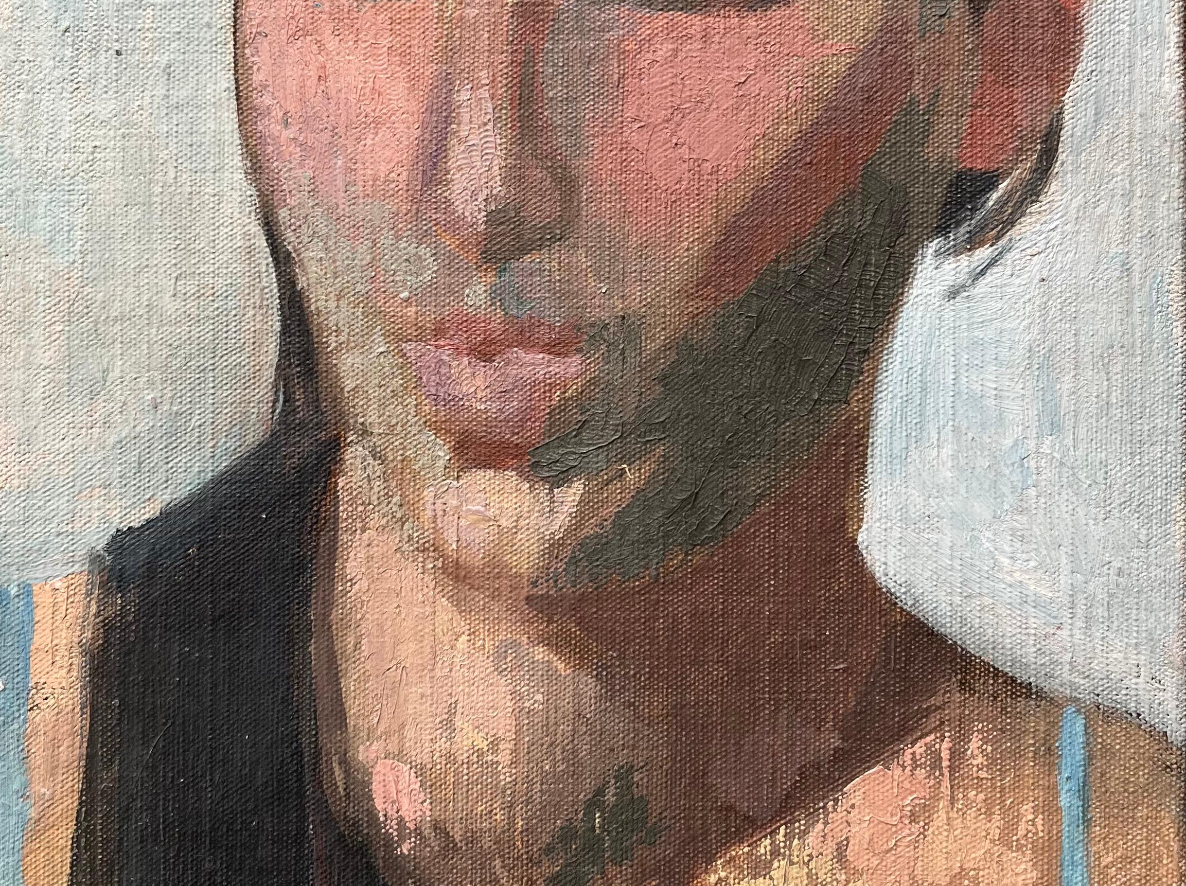 Óleo francés moderno Retrato de mujer Estudio figurativo expresivo - Figurative Painting Marrón de Bernadette Kelly