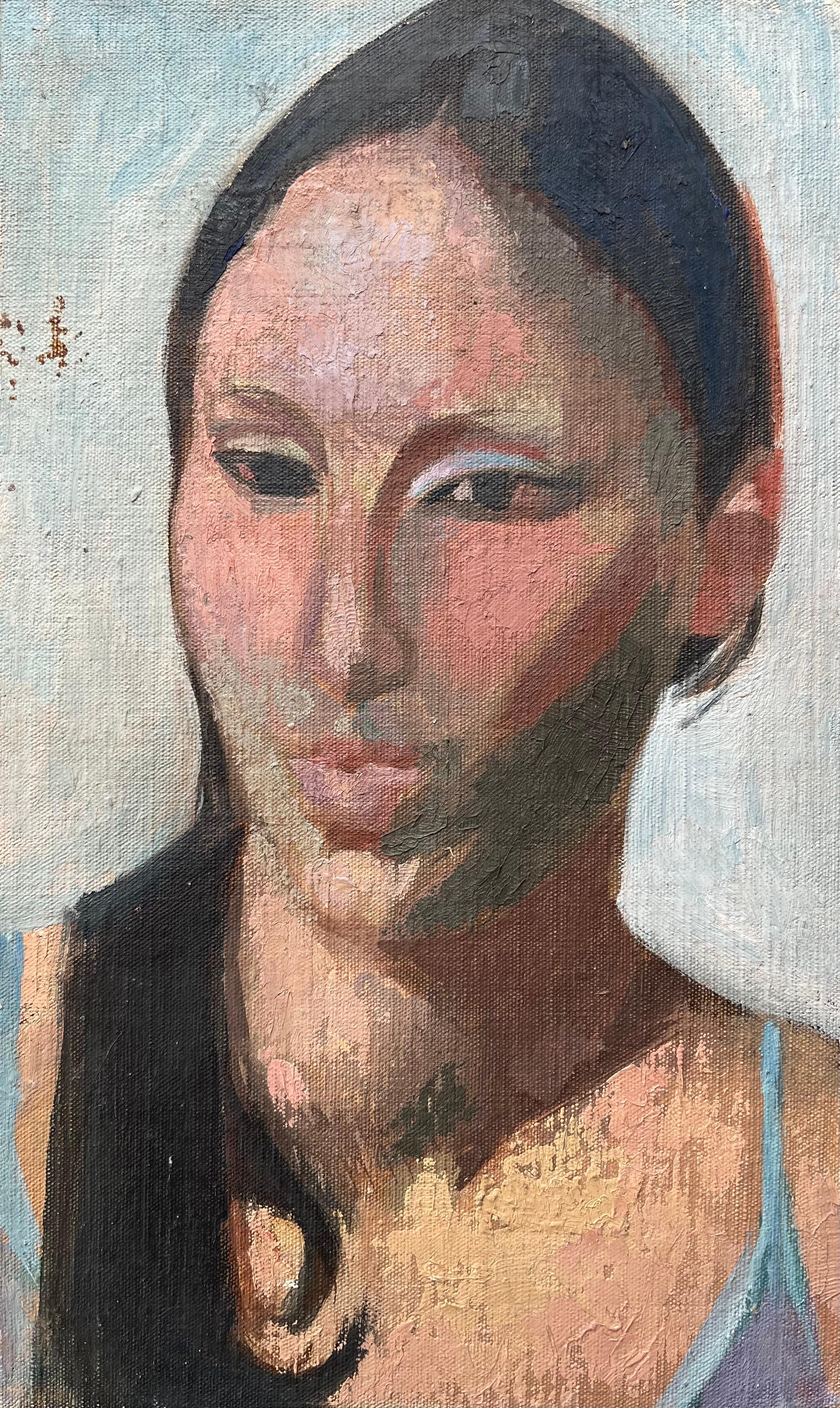 Figurative Painting de Bernadette Kelly - Óleo francés moderno Retrato de mujer Estudio figurativo expresivo