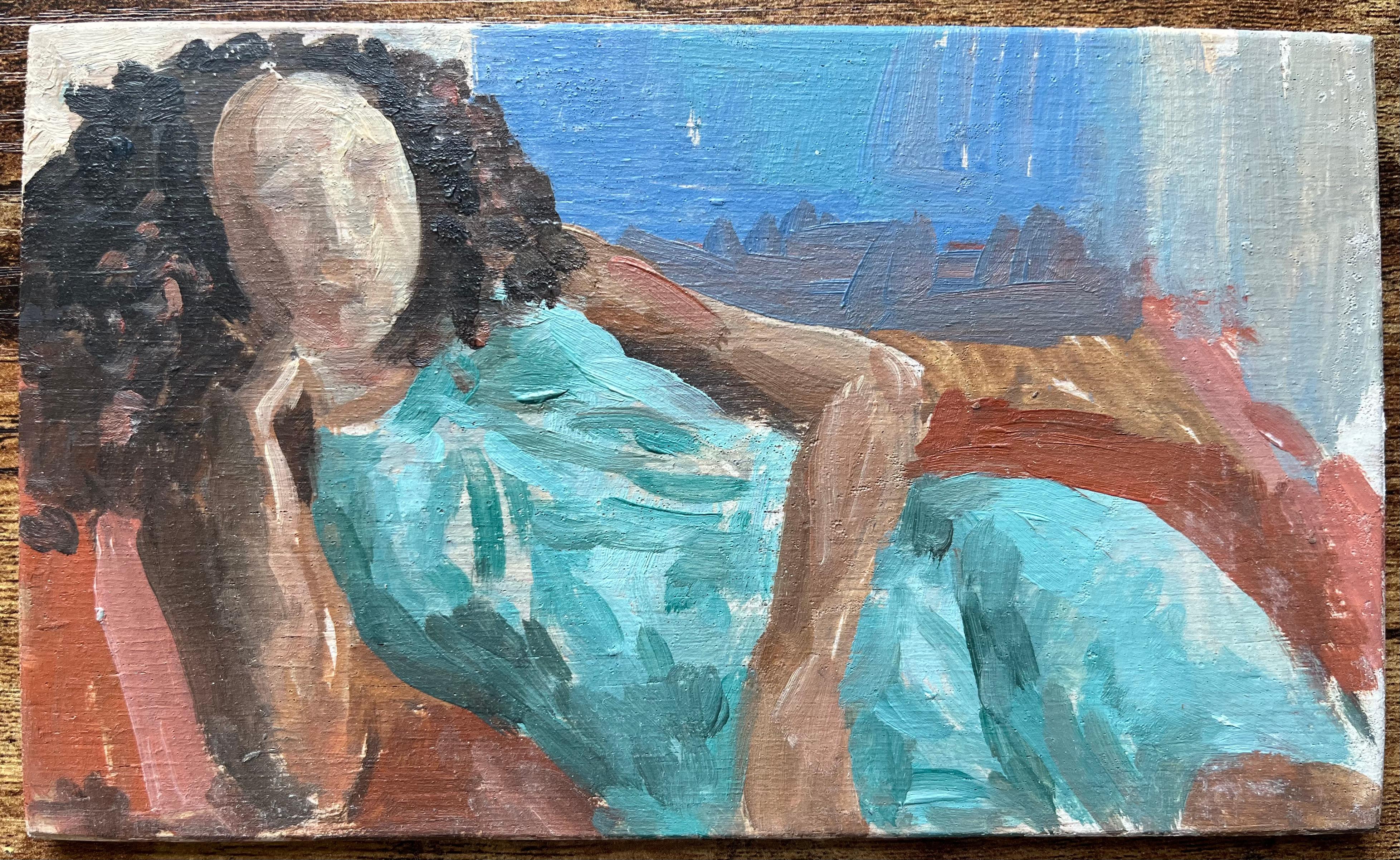 Óleo francés moderno Mujer reclinada con vestido turquesa - Painting de Bernadette Kelly