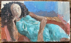 Modern French Oil Painting Reclining Woman in a Turquoise Dress