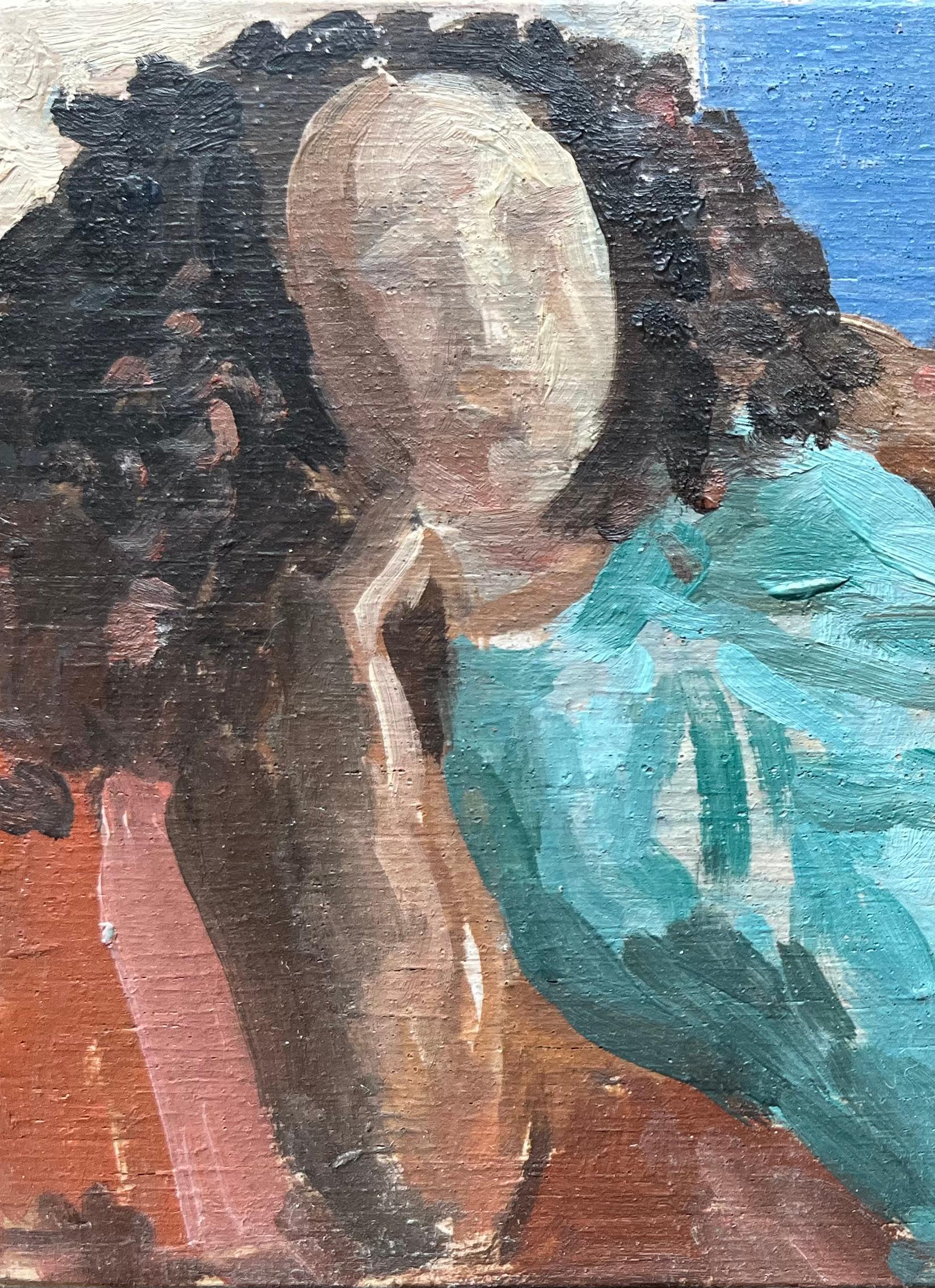 Óleo francés moderno Mujer reclinada con vestido turquesa - Painting Moderno de Bernadette Kelly
