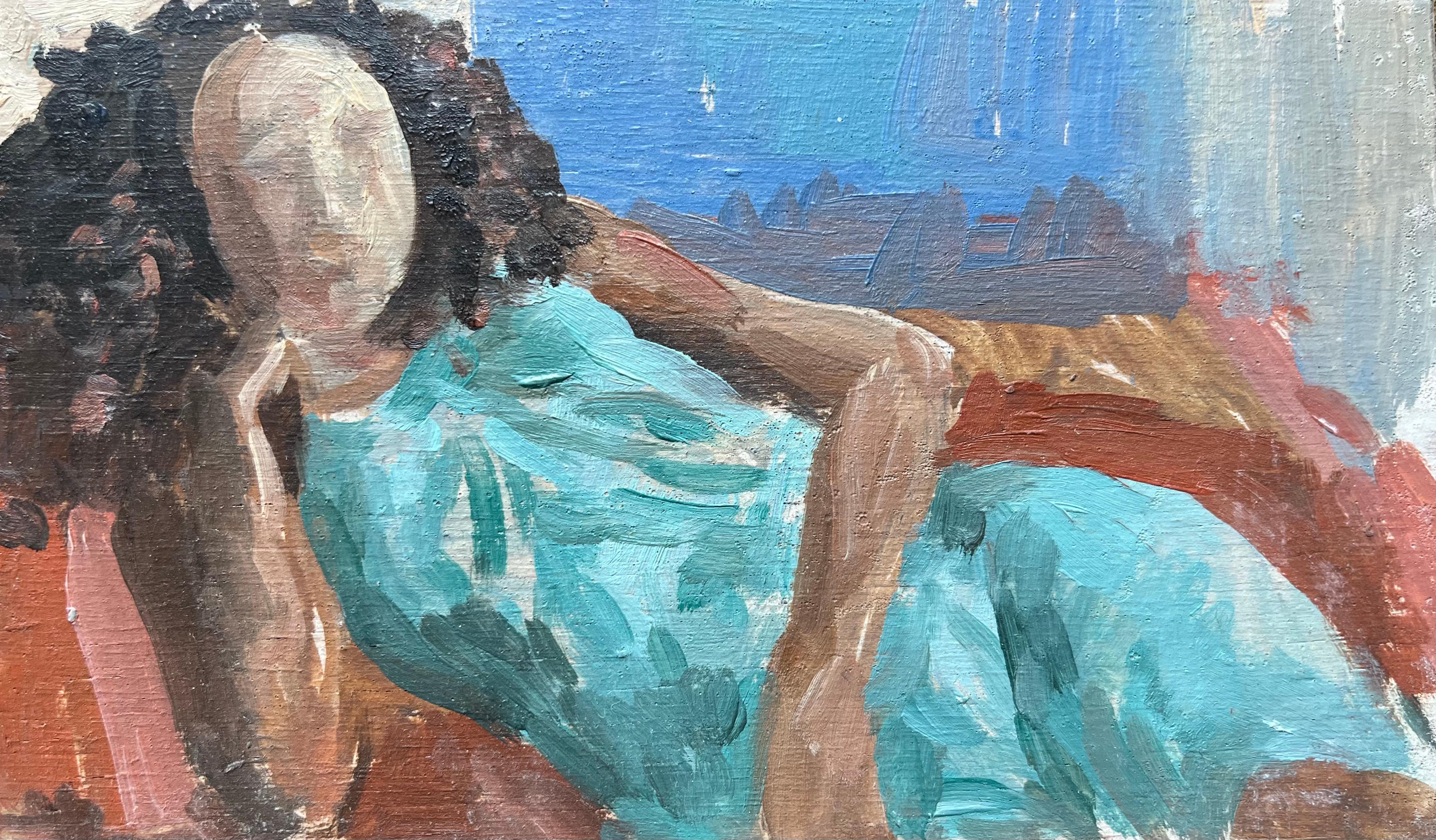 Interior Painting de Bernadette Kelly - Óleo francés moderno Mujer reclinada con vestido turquesa