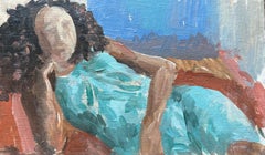 Modern French Oil Painting Reclining Woman in a Turquoise Dress