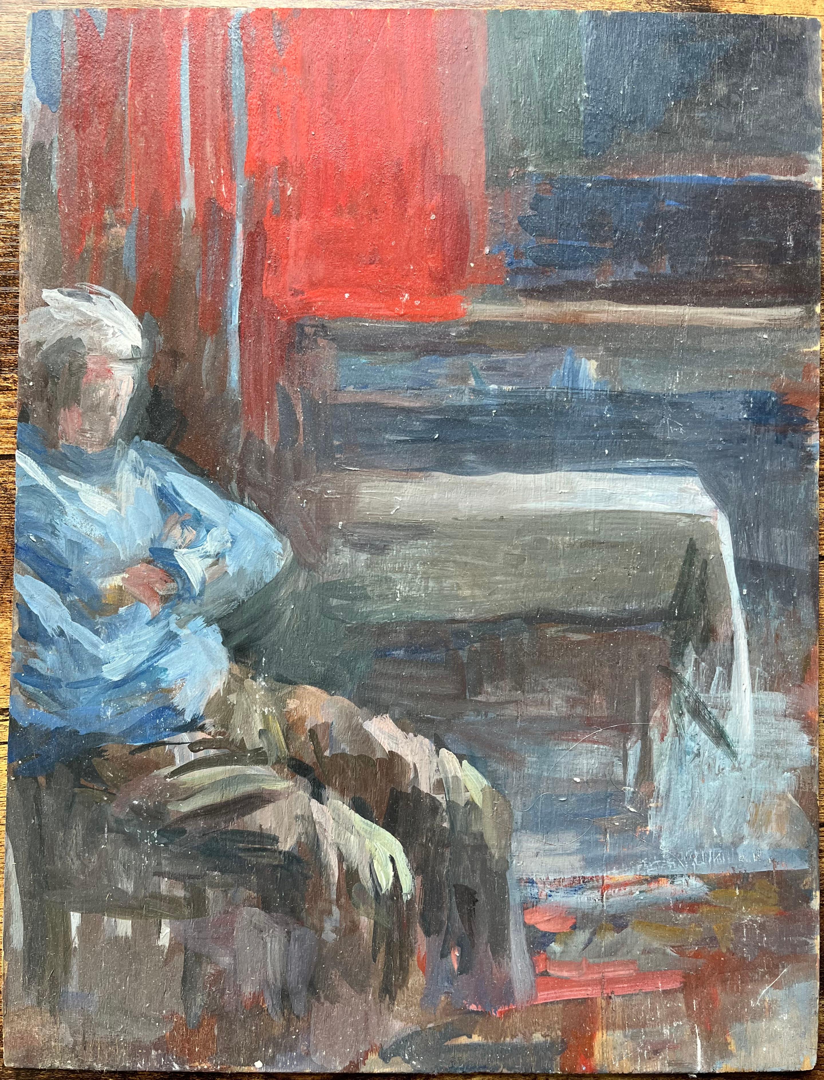 Modern French Oil Painting Seated Figure in a Red and Blue Interior Scene - Gray Figurative Painting by Bernadette Kelly