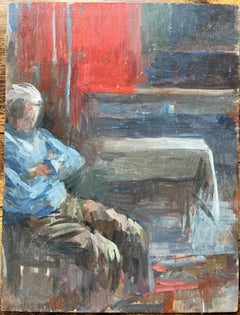 Modern French Oil Painting Seated Figure in a Red and Blue Interior Scene