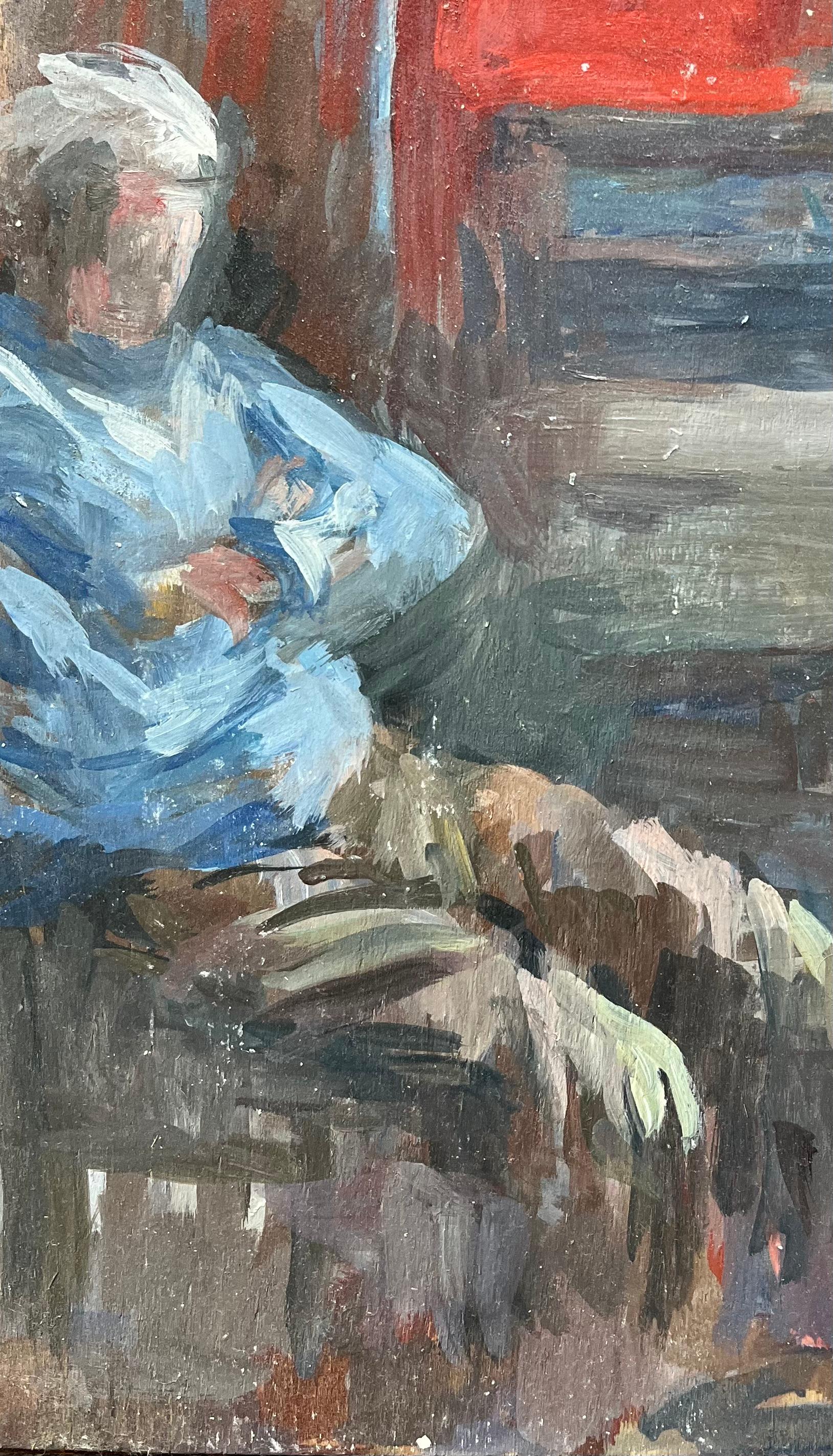 Title: Modern French Oil Painting Seated Figure in a Red and Blue Interior Scene
by Bernadette Kelly (French b. 1933)
Unsigned
Medium: oil painting on board, unframed
Painting size: 15.75 inches (height) x 12 inches (width)
Condition: overall