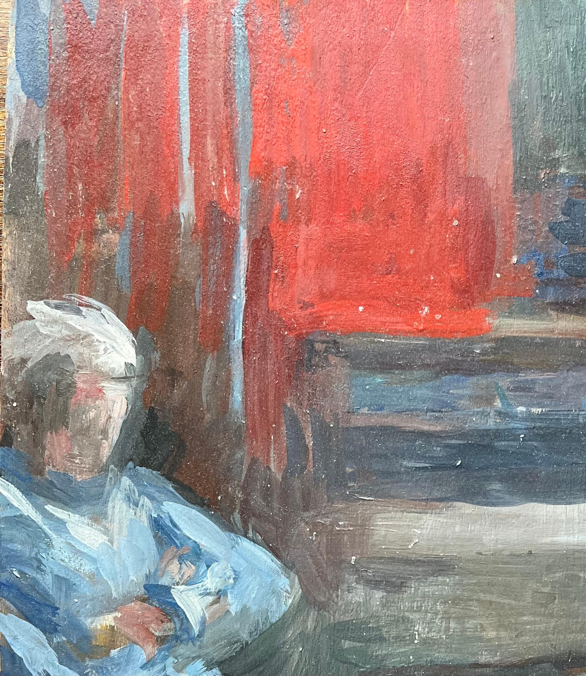 Modern French Oil Painting Seated Figure in a Red and Blue Interior Scene For Sale 1