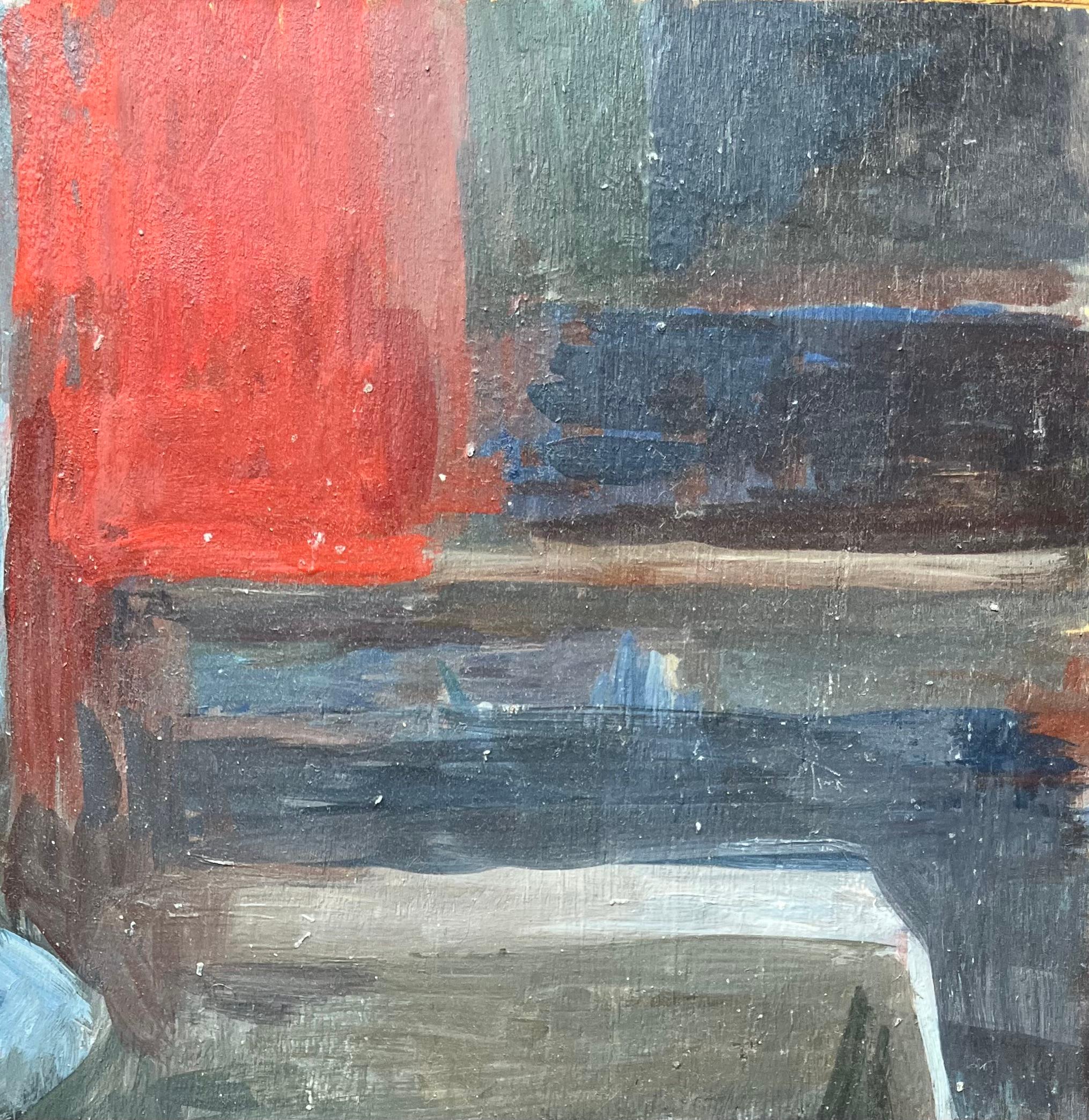 Modern French Oil Painting Seated Figure in a Red and Blue Interior Scene For Sale 2