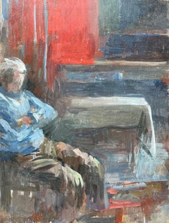 Pittura a olio francese moderna Figura seduta in una scena interna rossa e blu