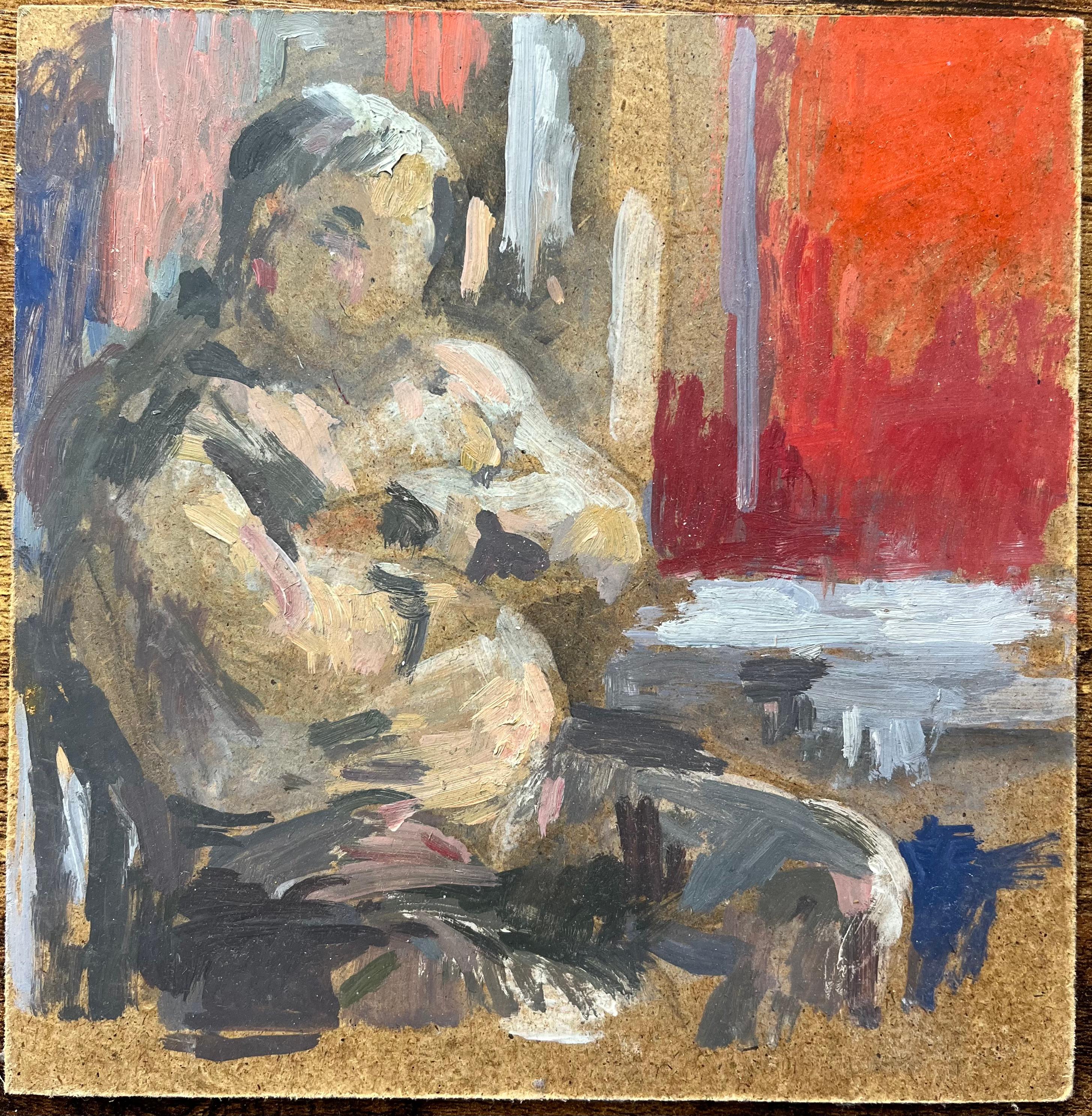 Pittura a olio francese moderna Donna seduta in una scena interna espressiva - Painting di Bernadette Kelly