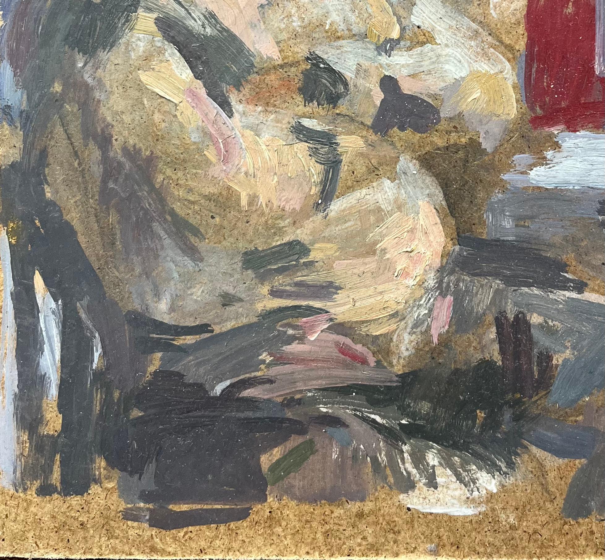 Pittura a olio francese moderna Donna seduta in una scena interna espressiva - Interior Painting Marrone di Bernadette Kelly