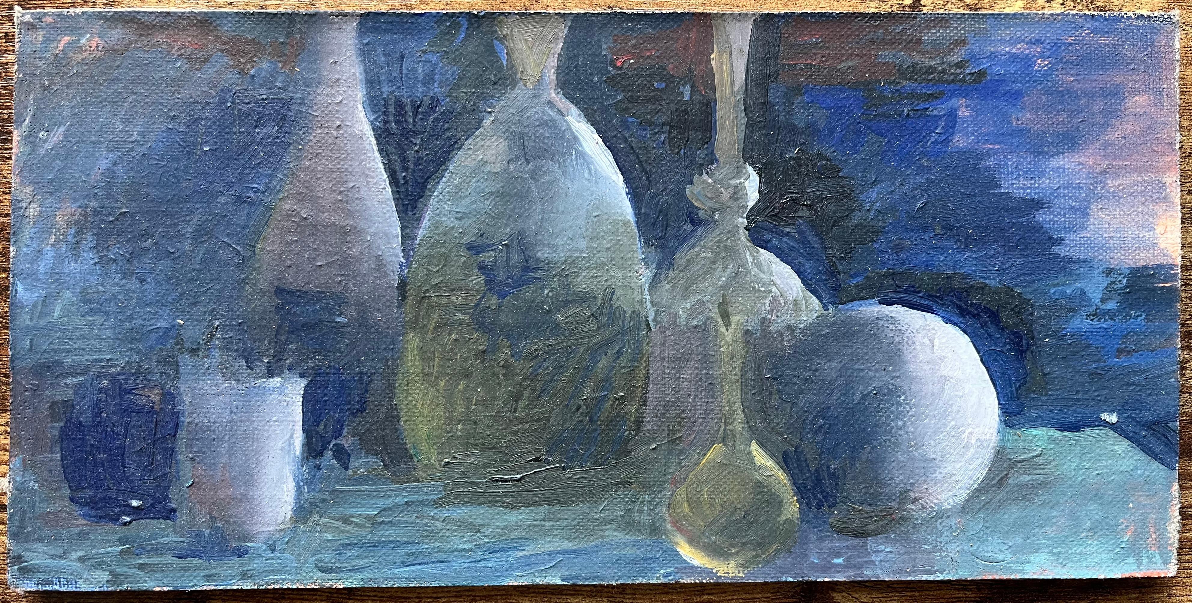 Modern French Oil Painting Still Life with Glass Bottles and Fruit in Blue Tones - Gray Figurative Painting by Bernadette Kelly