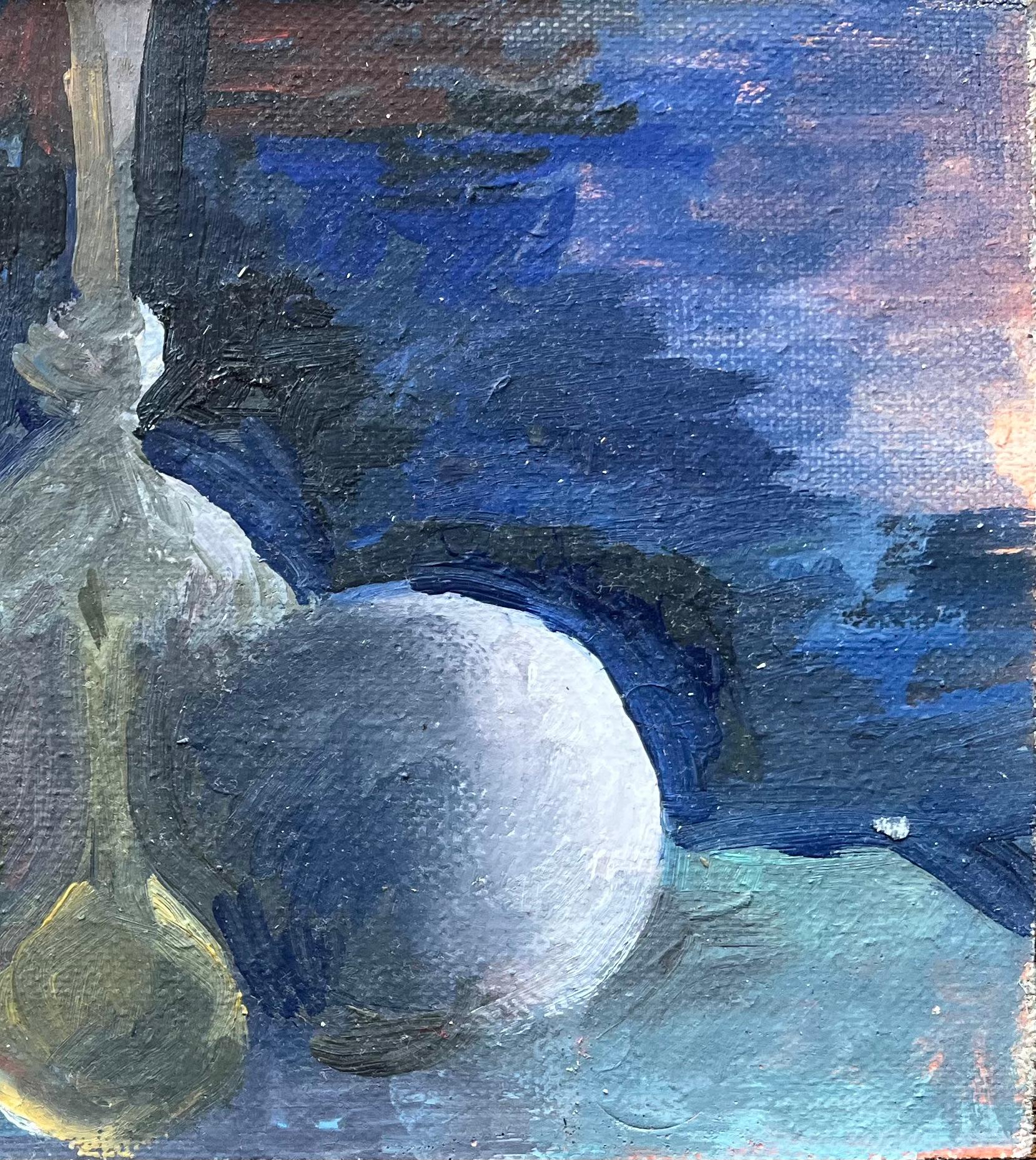 Title: Modern French Oil Painting Still Life with Glass Bottles and Fruit in Blue Tones
by Bernadette Kelly (French b. 1933)
Unsigned
Medium: oil painting on board, unframed
Painting size: 5.75 inches (height) x 11.75 inches (width)
Condition: