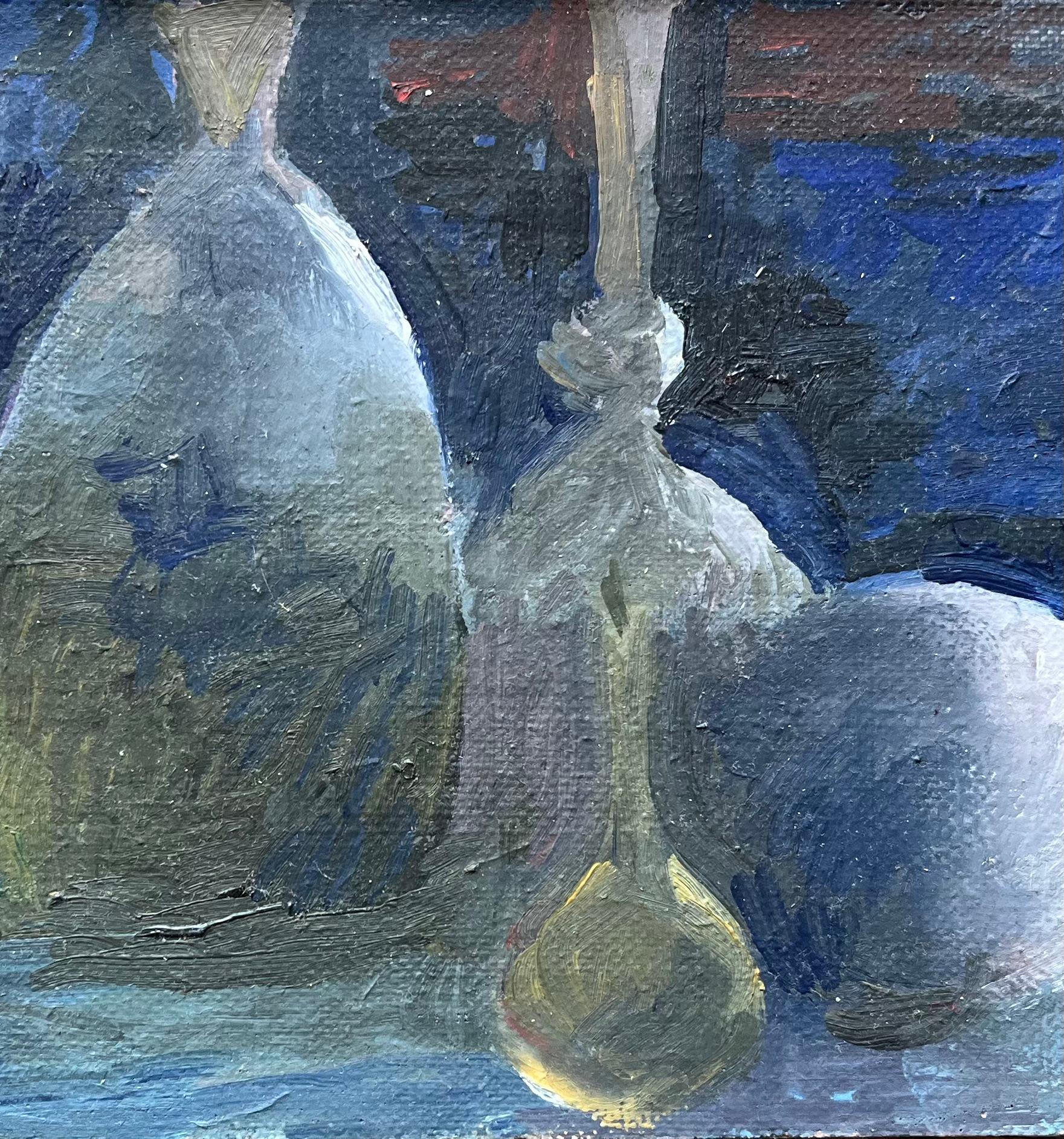 Modern French Oil Painting Still Life with Glass Bottles and Fruit in Blue Tones For Sale 1