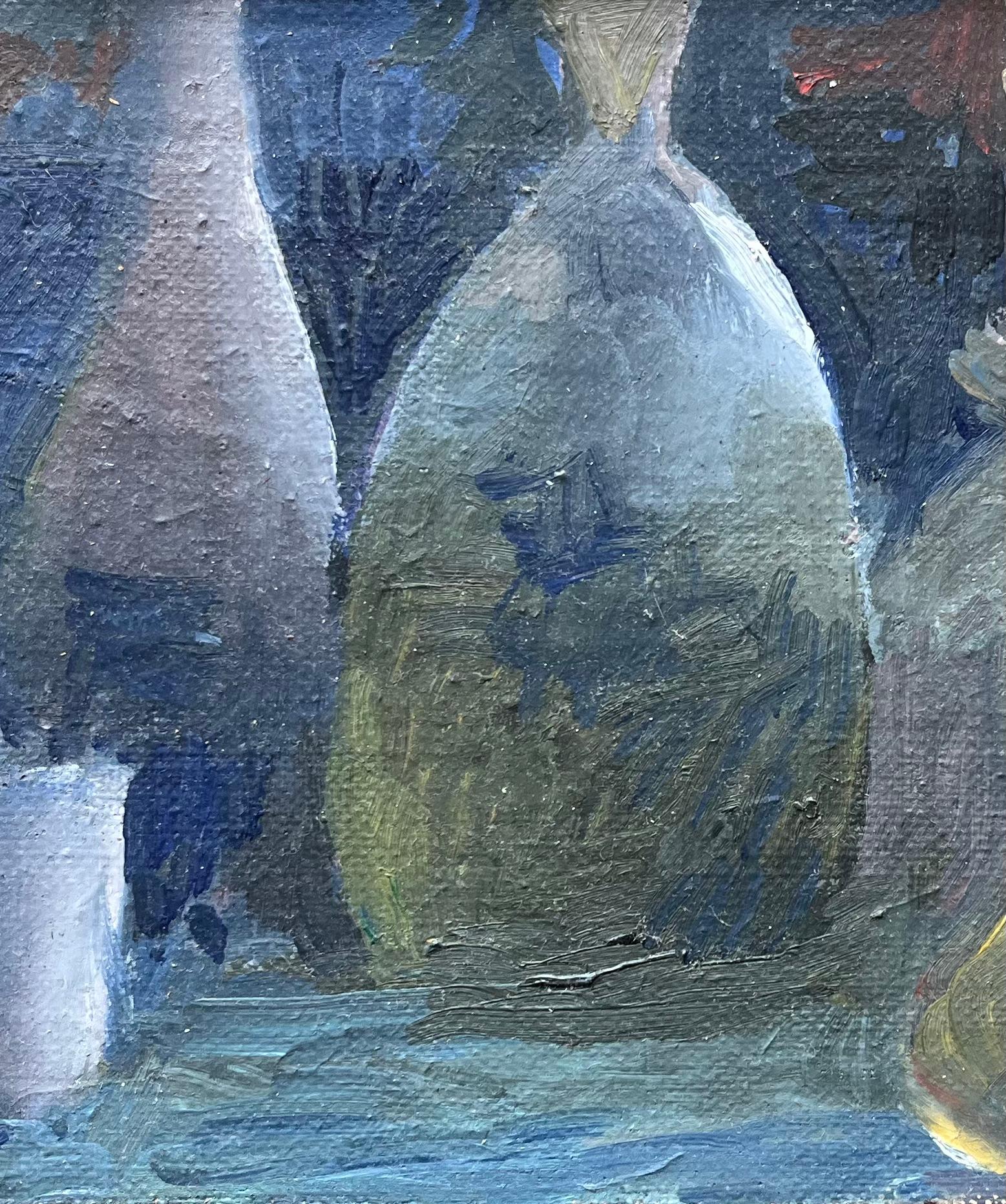 Modern French Oil Painting Still Life with Glass Bottles and Fruit in Blue Tones For Sale 2