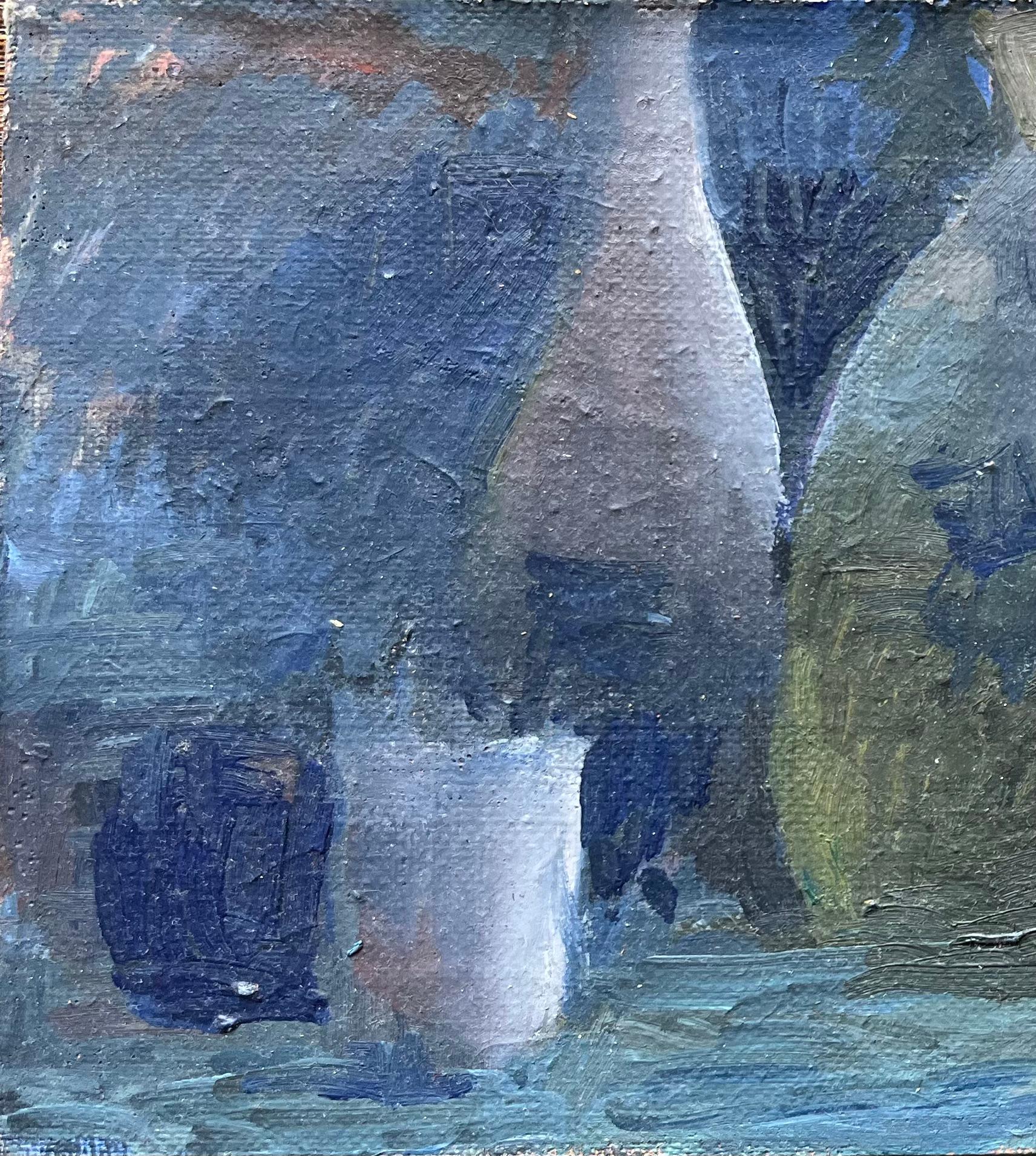 Modern French Oil Painting Still Life with Glass Bottles and Fruit in Blue Tones For Sale 3