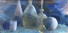 Modern French Oil Painting Still Life with Glass Bottles and Fruit in Blue Tones
