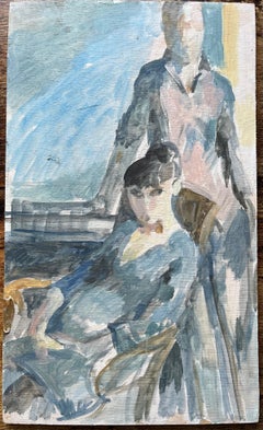 Modern French Oil Painting Two Elegant Figures in an Interior Scene