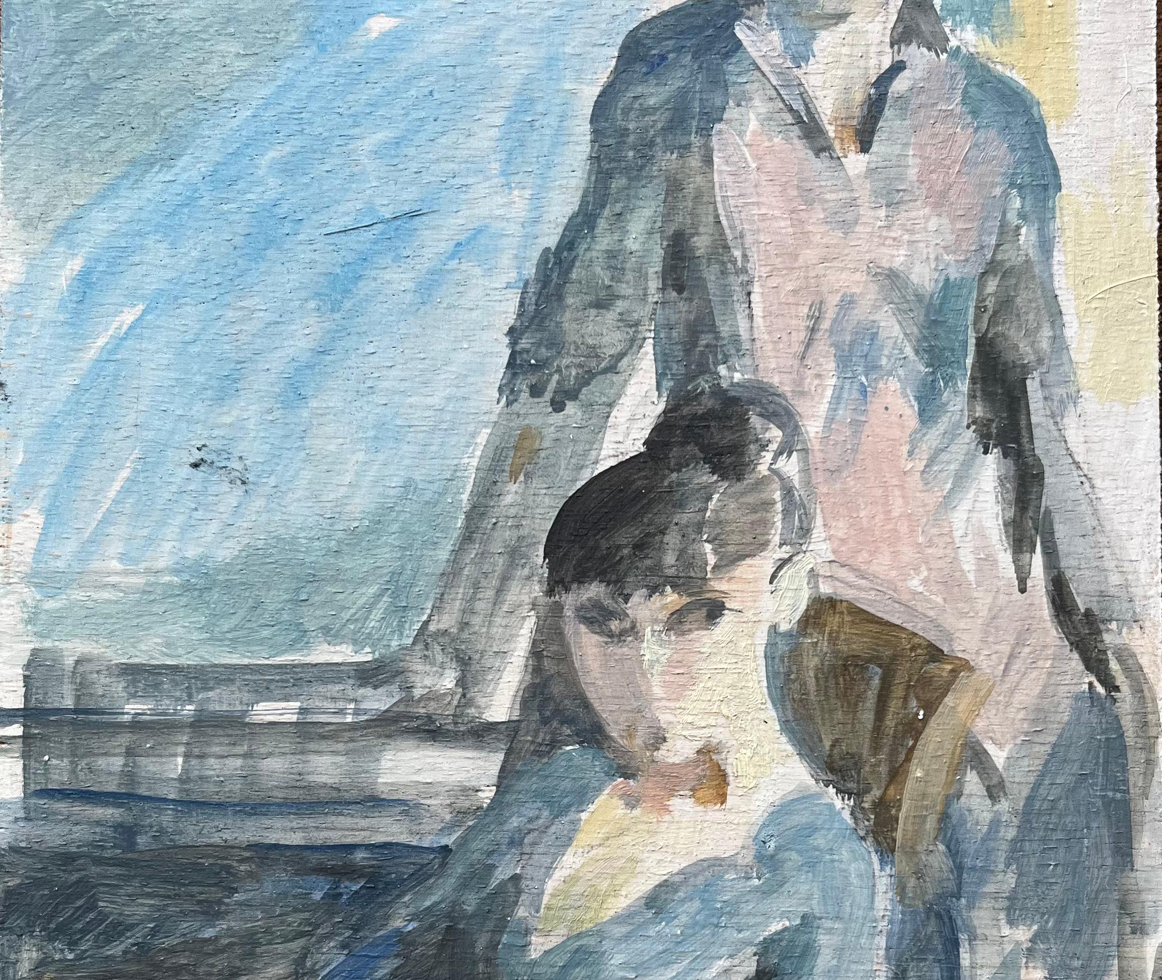 Peinture à l'huile moderne française Deux figures Elegance dans une scène d'intérieur - Gris Interior Painting par Bernadette Kelly
