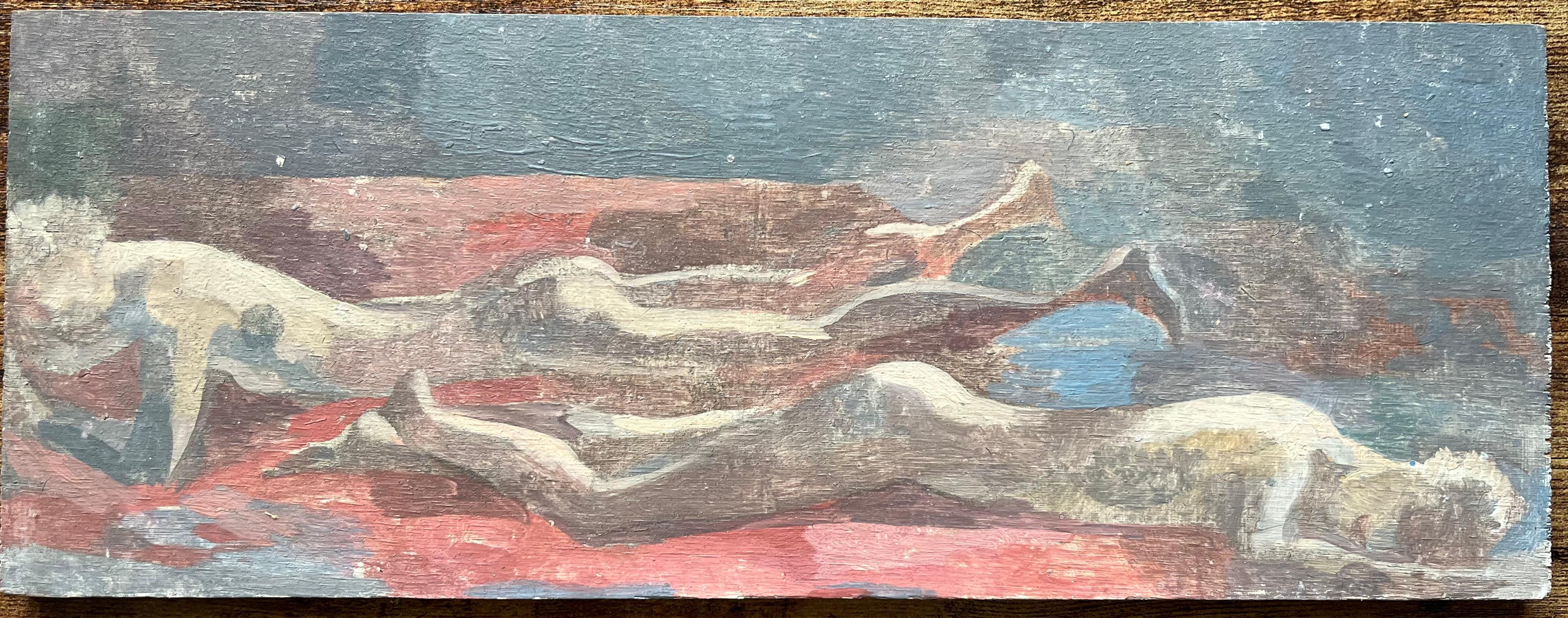 Pittura a olio francese moderna Due nudi sdraiati in una scena astratta rossa e blu - Painting di Bernadette Kelly