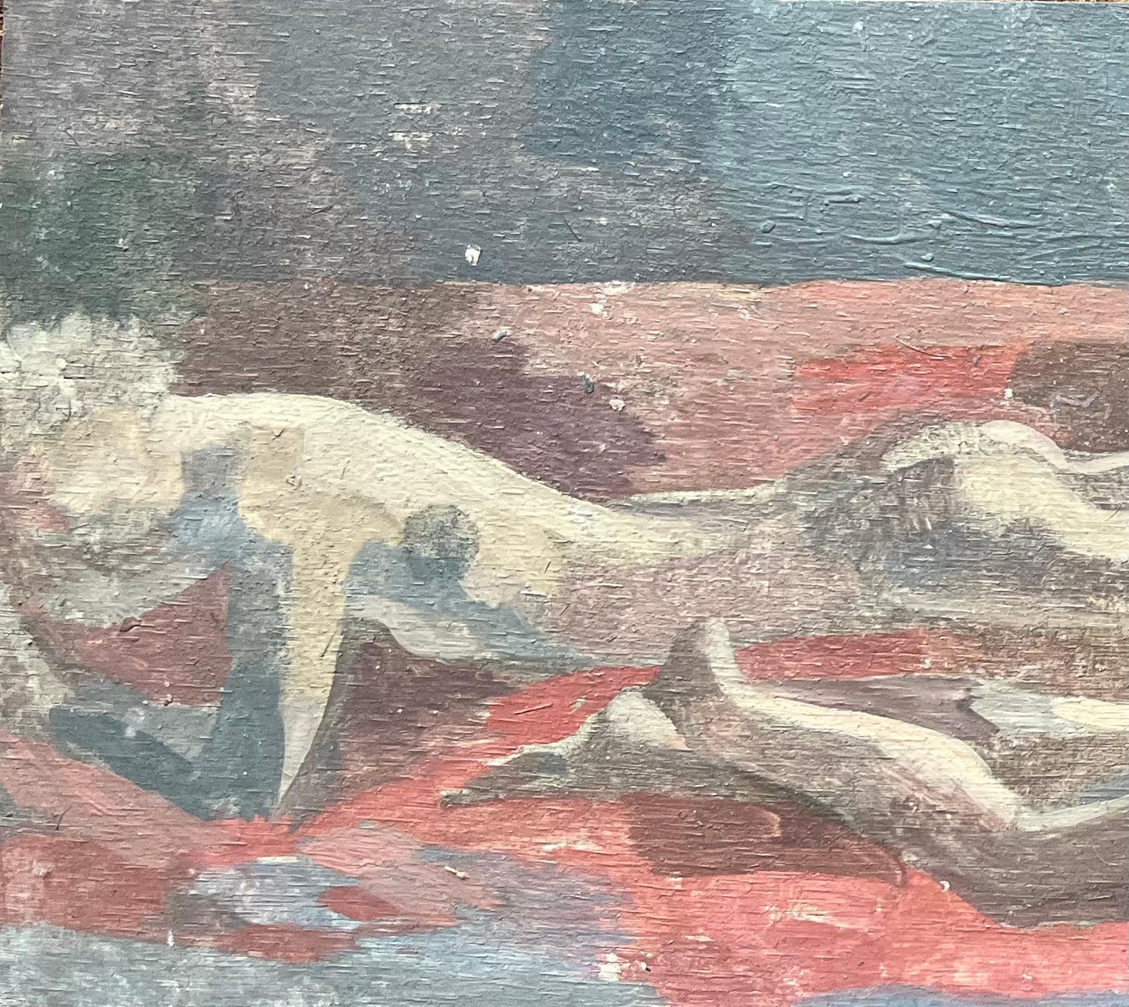 Pittura a olio francese moderna Due nudi sdraiati in una scena astratta rossa e blu - Painting Moderno di Bernadette Kelly