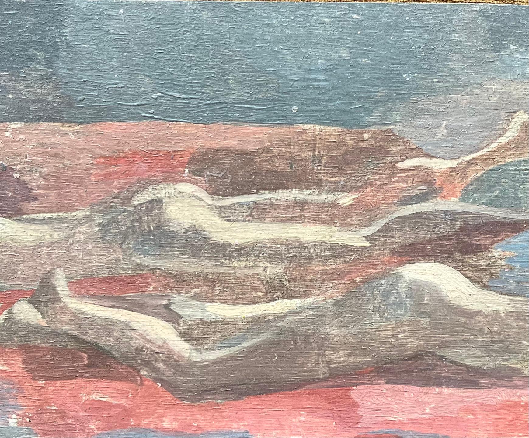 Pittura a olio francese moderna Due nudi sdraiati in una scena astratta rossa e blu - Interior Painting Grigio di Bernadette Kelly