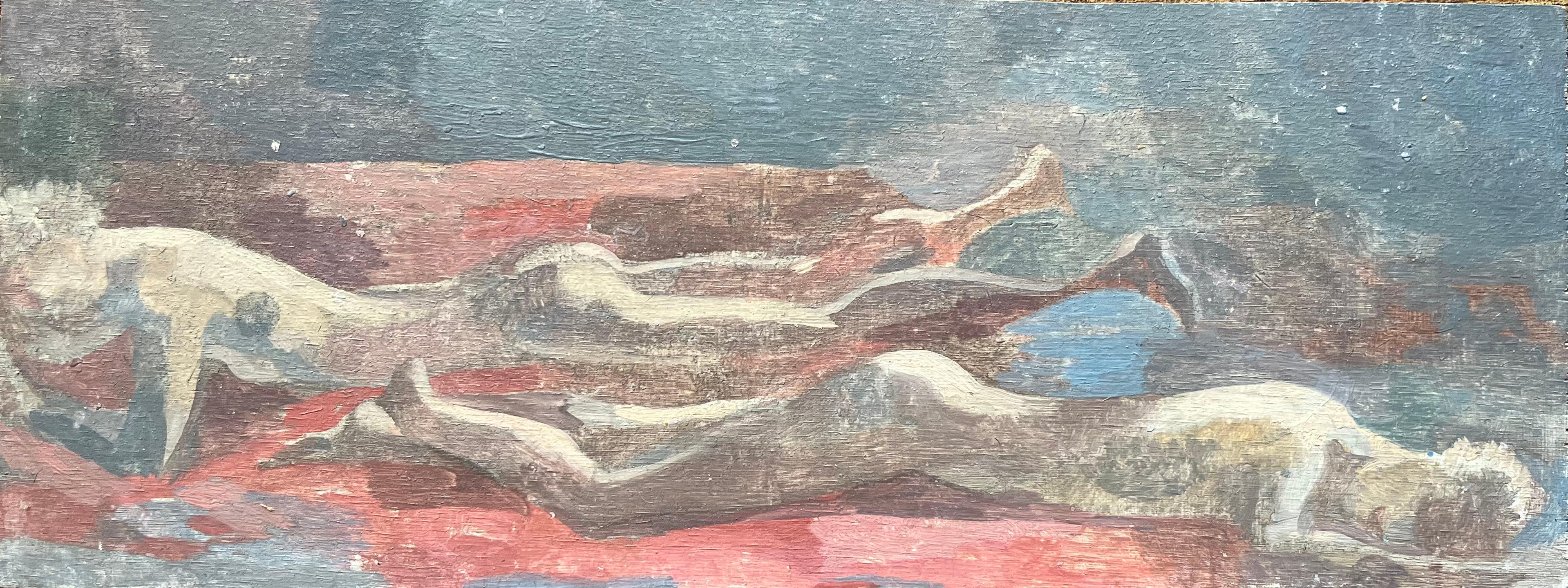 Interior Painting di Bernadette Kelly - Pittura a olio francese moderna Due nudi sdraiati in una scena astratta rossa e blu