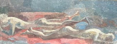 Pittura a olio francese moderna Due nudi sdraiati in una scena astratta rossa e blu