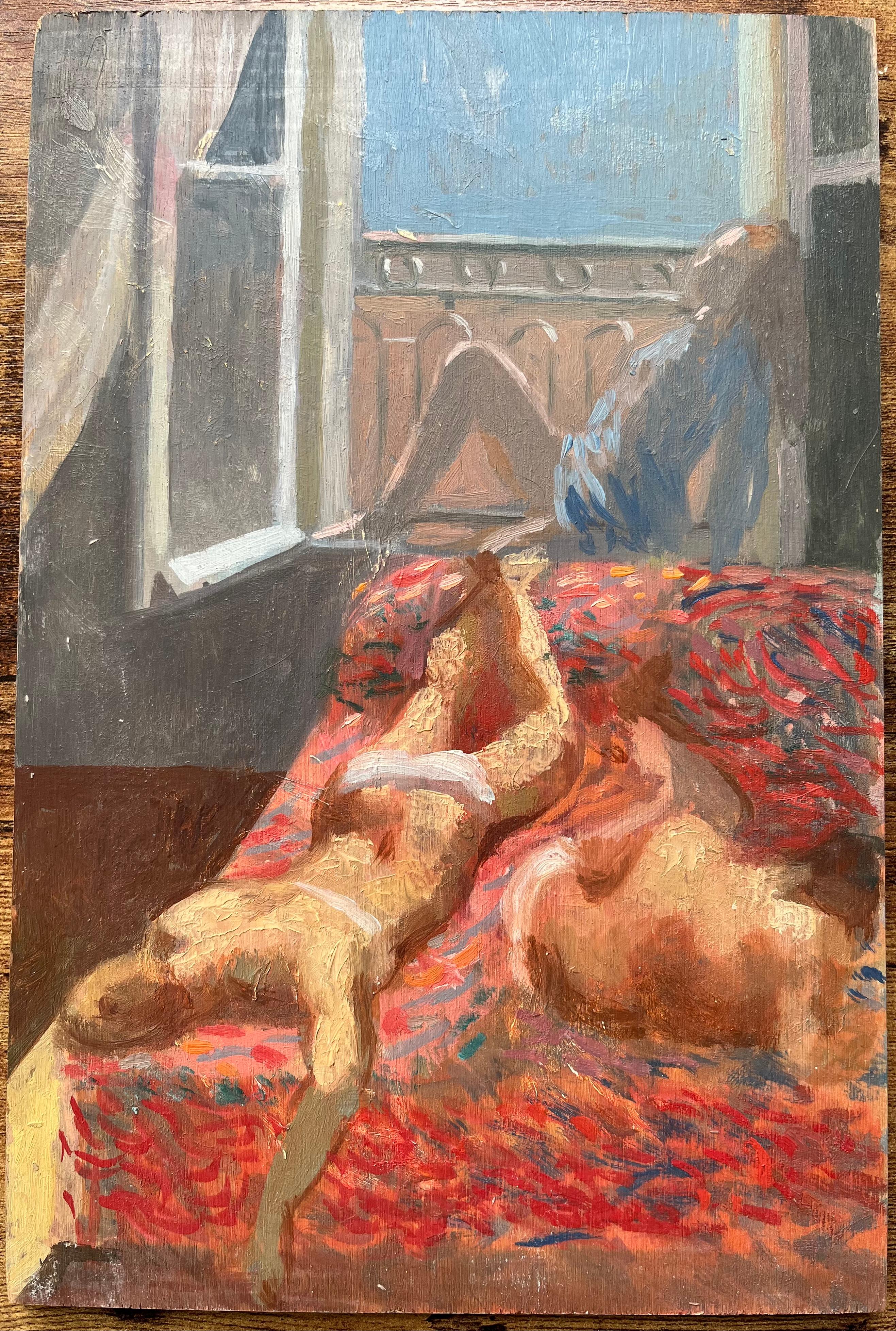 Óleo francés moderno Dos desnudos reclinados en una cama roja con ventana iluminada por el sol - Painting de Bernadette Kelly