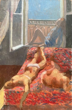The Modernity French Oil Painting Two Reclining Nudes on a Red Bed with Sunlit Window (peinture à l'huile moderne avec deux nus allongés sur un lit rouge et une fenêtre ensoleillée)