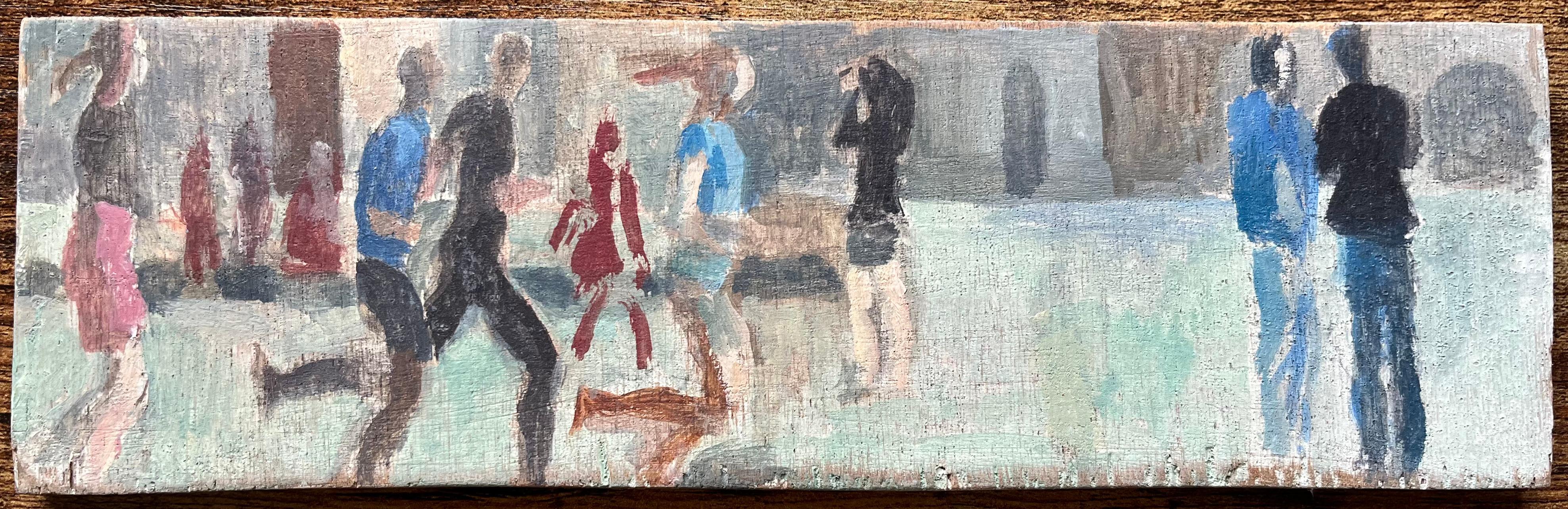 Óleo francés moderno Escena urbana callejera con figuras en movimiento - Painting de Bernadette Kelly