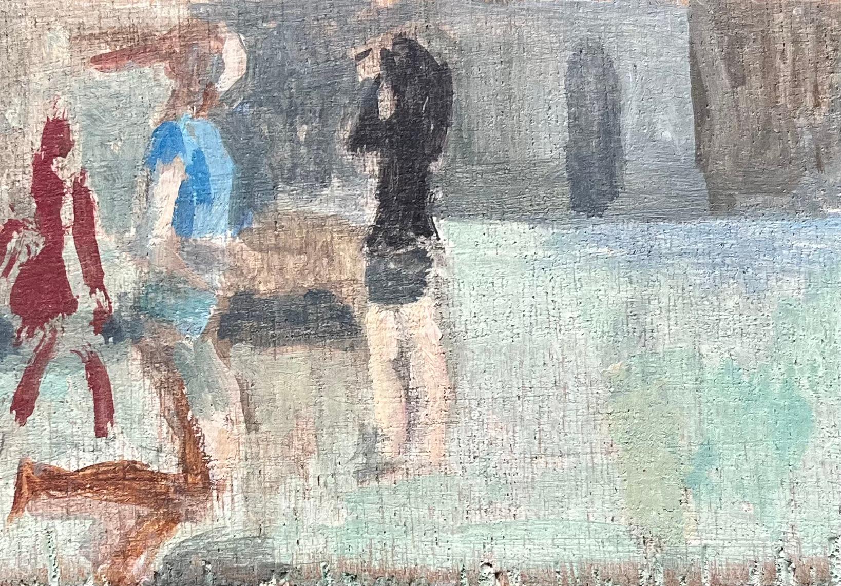 Óleo francés moderno Escena urbana callejera con figuras en movimiento - Figurative Painting Gris de Bernadette Kelly