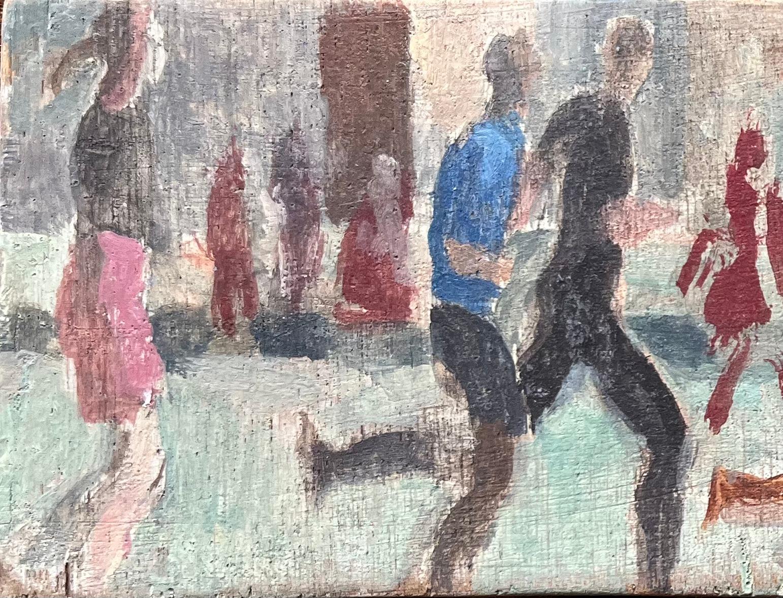 Óleo francés moderno Escena urbana callejera con figuras en movimiento en venta 1