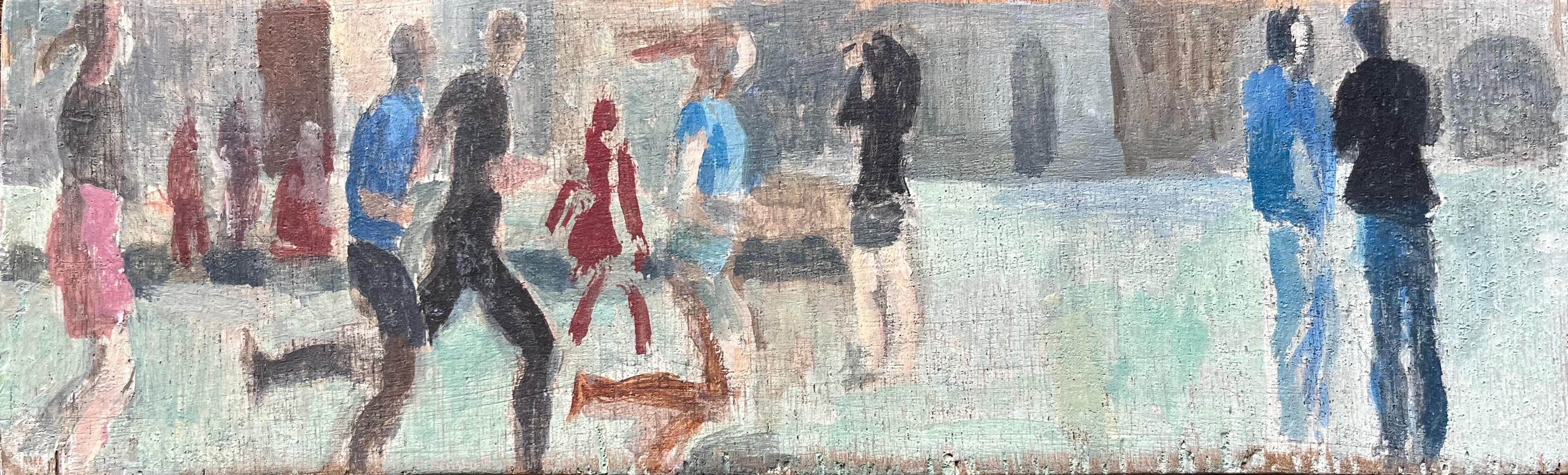 Figurative Painting de Bernadette Kelly - Óleo francés moderno Escena urbana callejera con figuras en movimiento