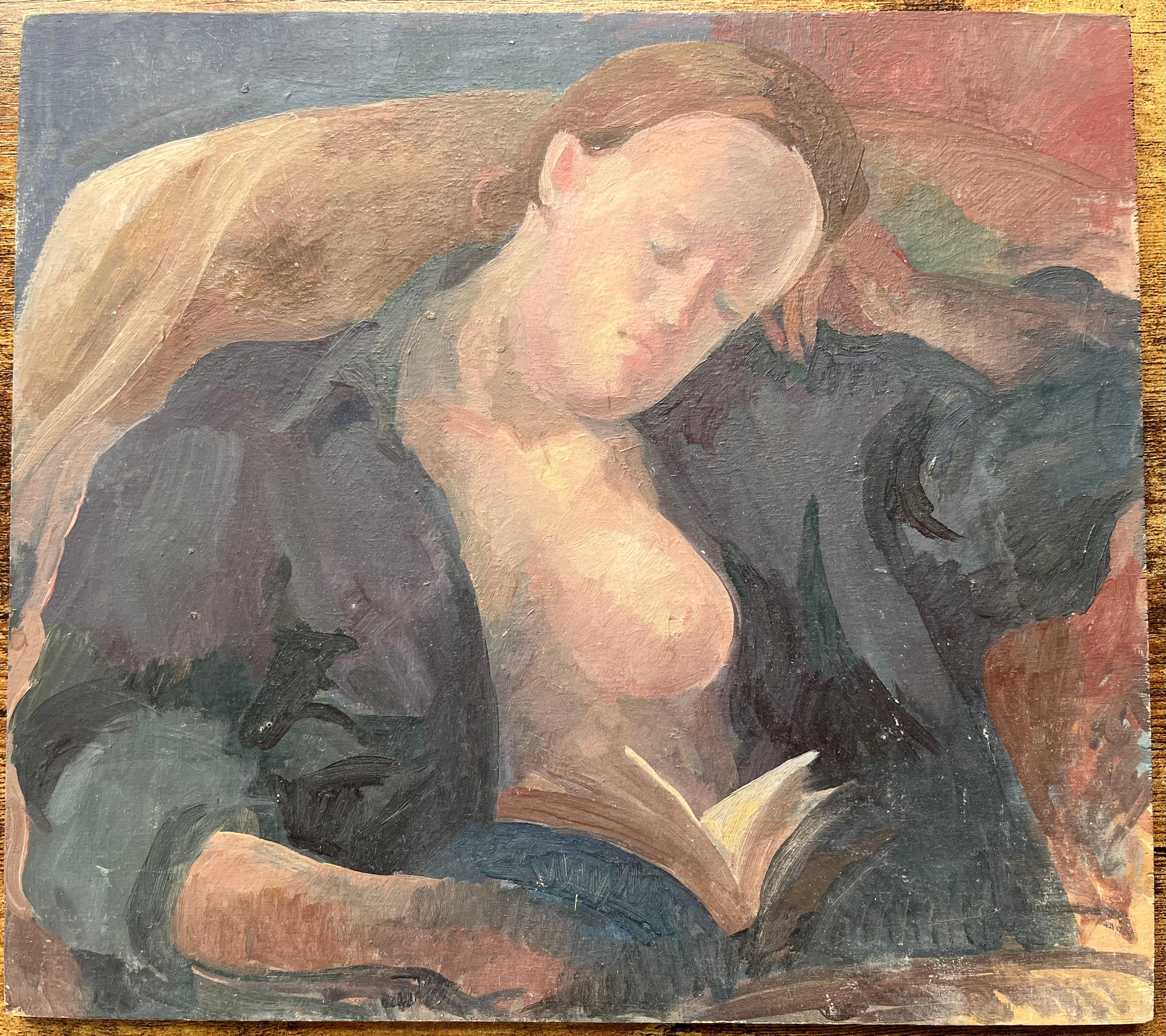 Modern French Oil Painting Woman Reading in a Chair Figurative Interior Scene - Gray Figurative Painting by Bernadette Kelly