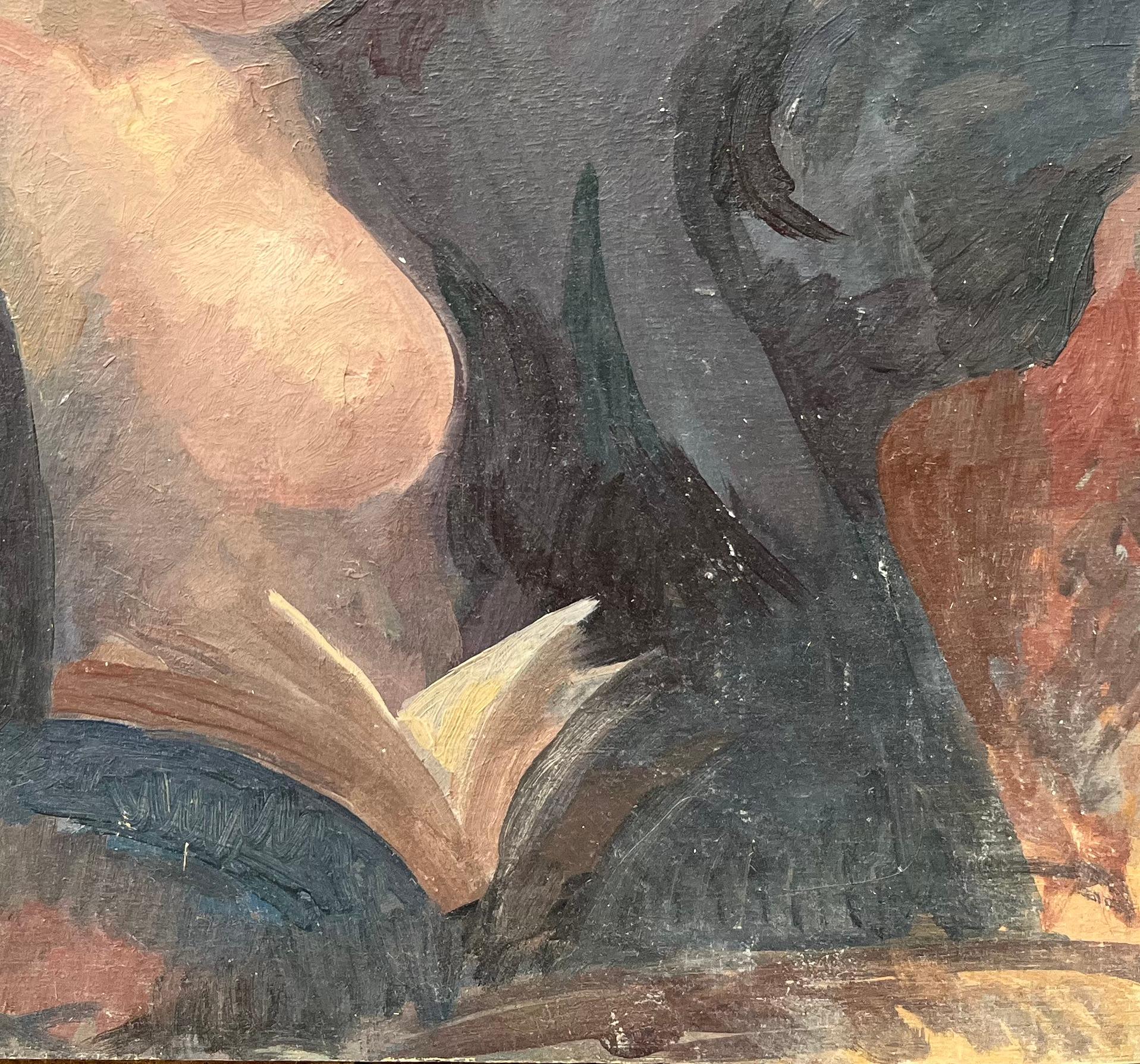 Modern French Oil Painting Woman Reading in a Chair Figurative Interior Scene For Sale 2