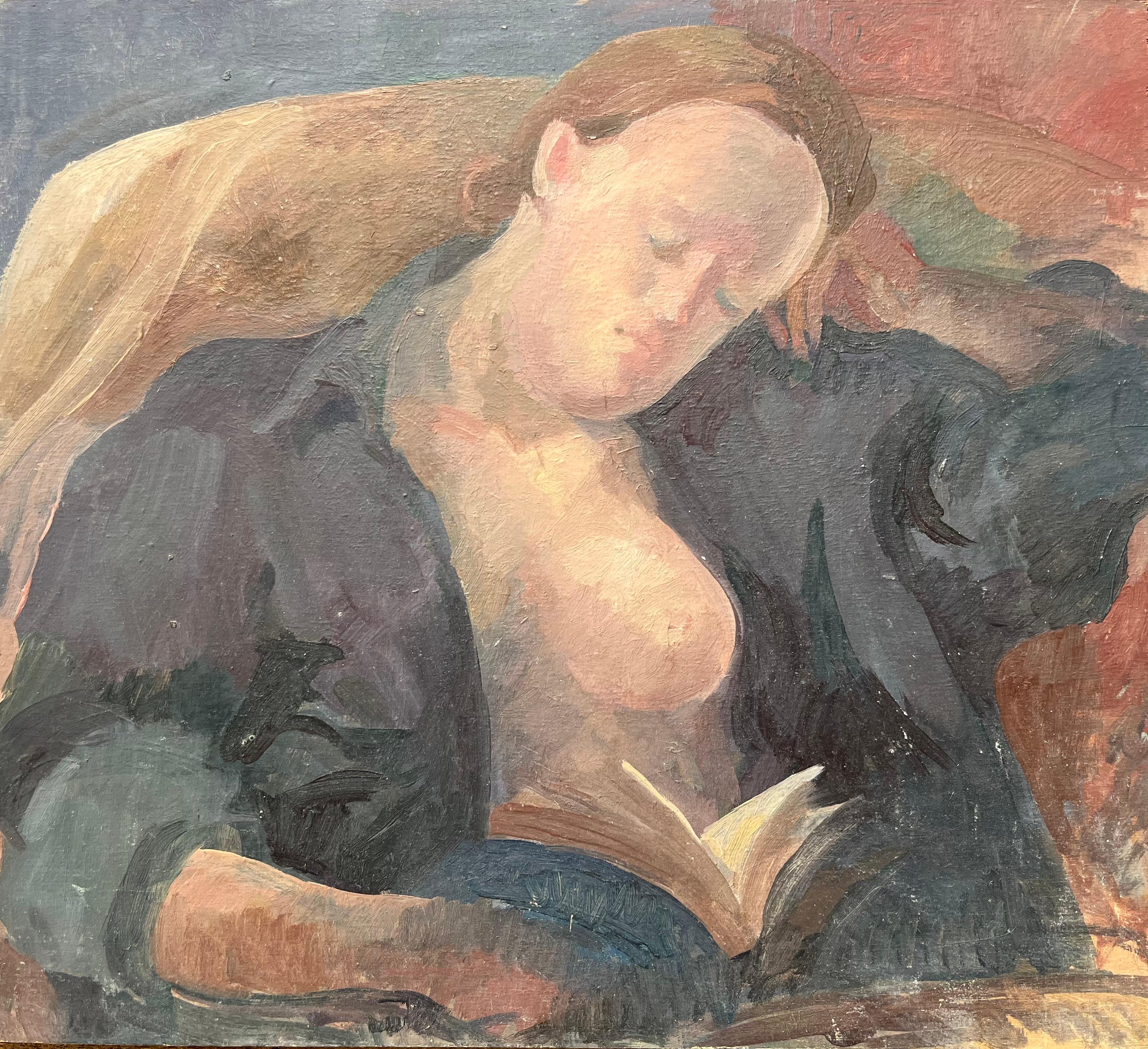 Bernadette Kelly Figurative Painting - Modern French Oil Painting Woman Reading in a Chair Figurative Interior Scene