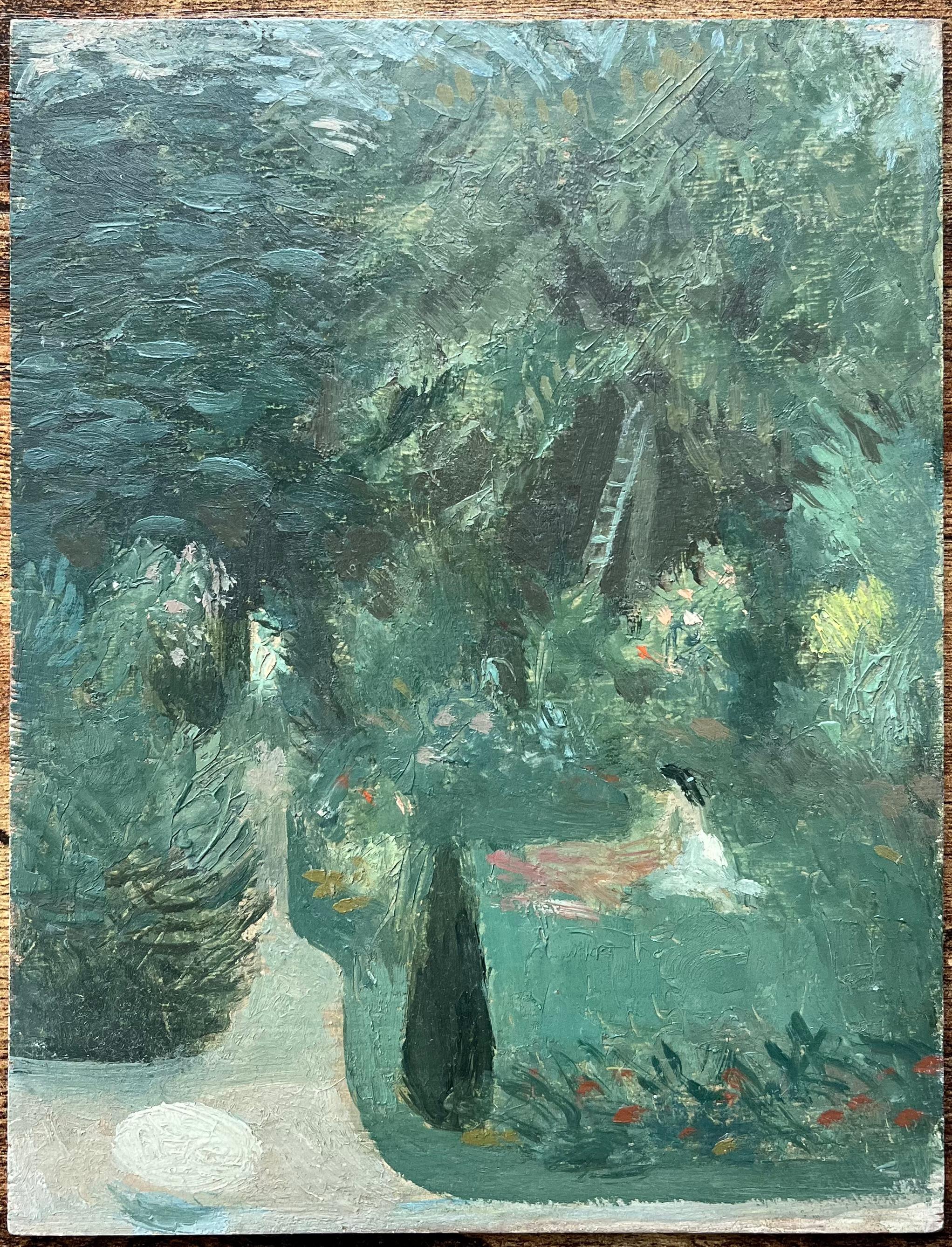 Óleo francés impresionista moderno Escena de jardín exuberante con figura sentada - Painting de Bernadette Kelly