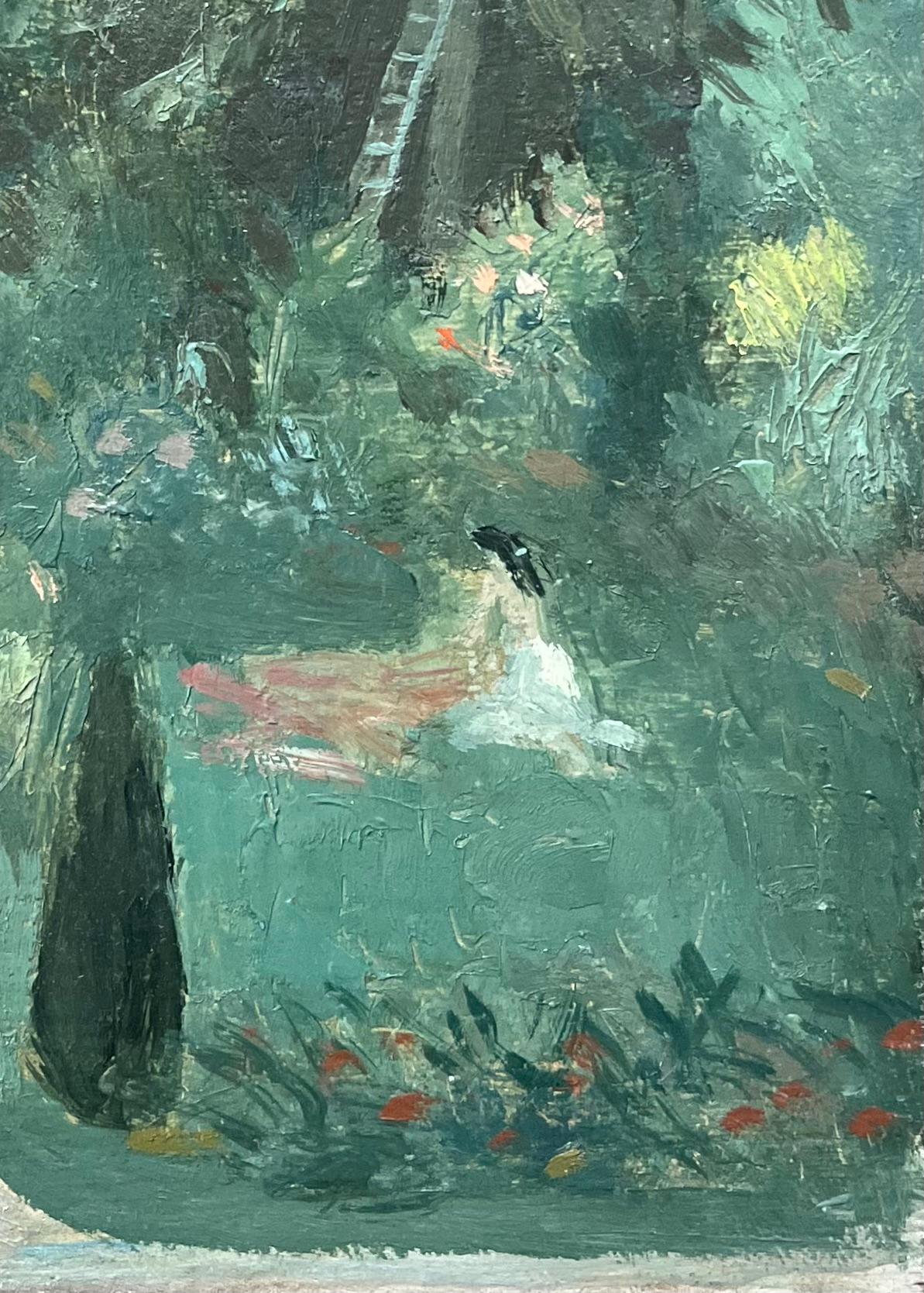 Óleo francés impresionista moderno Escena de jardín exuberante con figura sentada - Painting Moderno de Bernadette Kelly