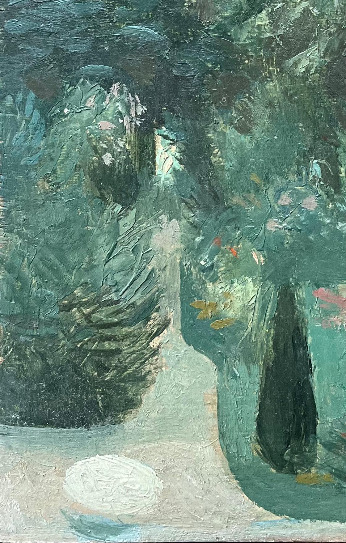 Óleo francés impresionista moderno Escena de jardín exuberante con figura sentada - Figurative Painting Gris de Bernadette Kelly