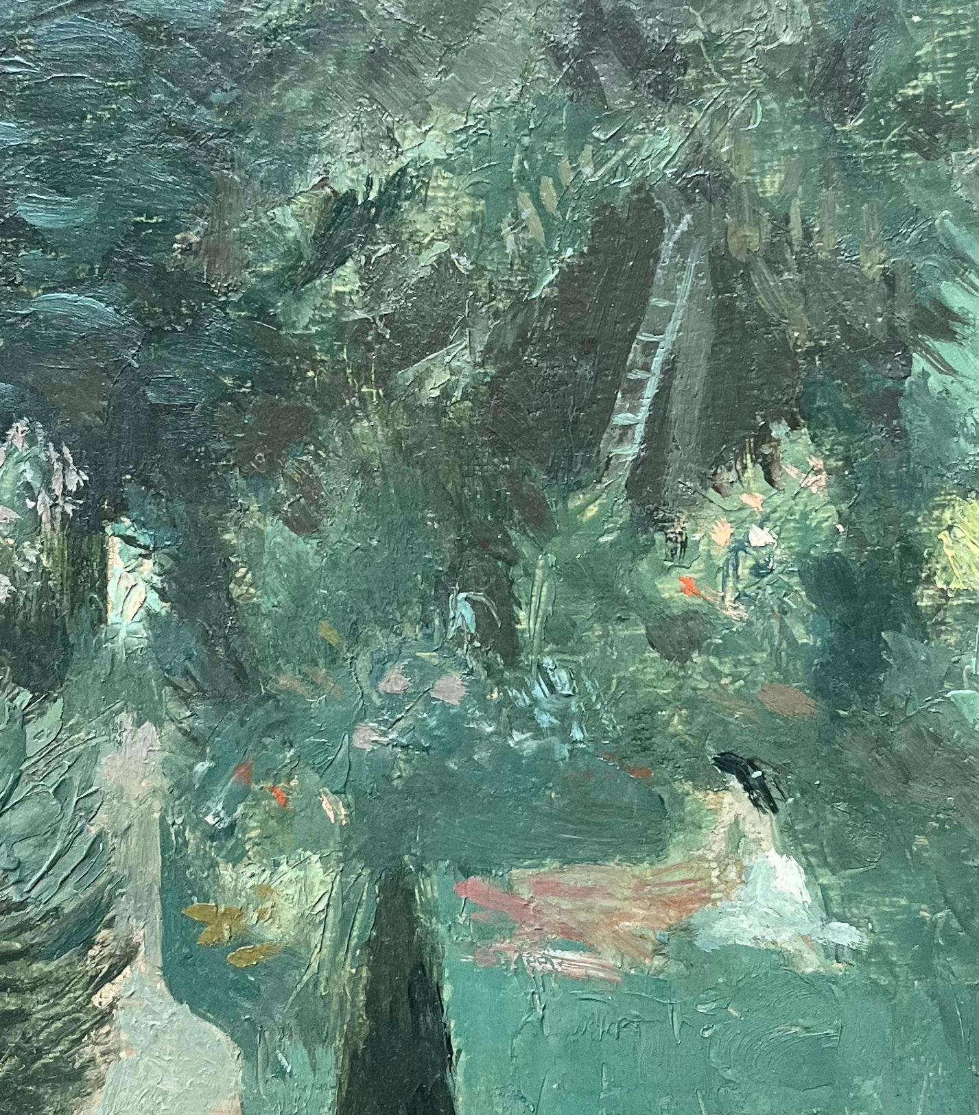 Óleo francés impresionista moderno Escena de jardín exuberante con figura sentada en venta 2