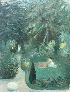 Modern Impressionist French Oil Painting Lush Garden Scene with Seated Figure