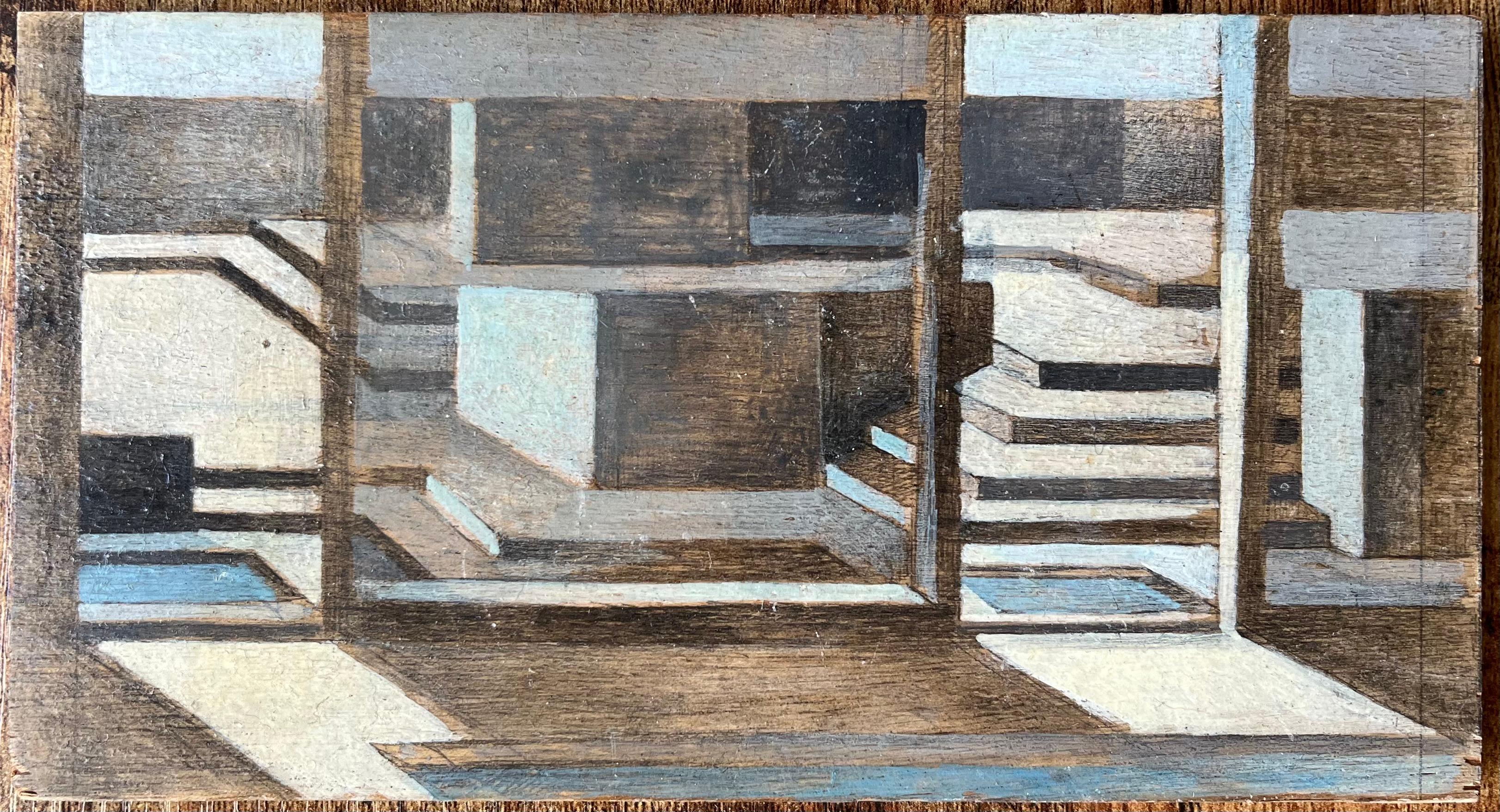 Pintura al Óleo Moderna Interior Arquitectónico Geométrico con Luces y Sombras - Painting de Bernadette Kelly