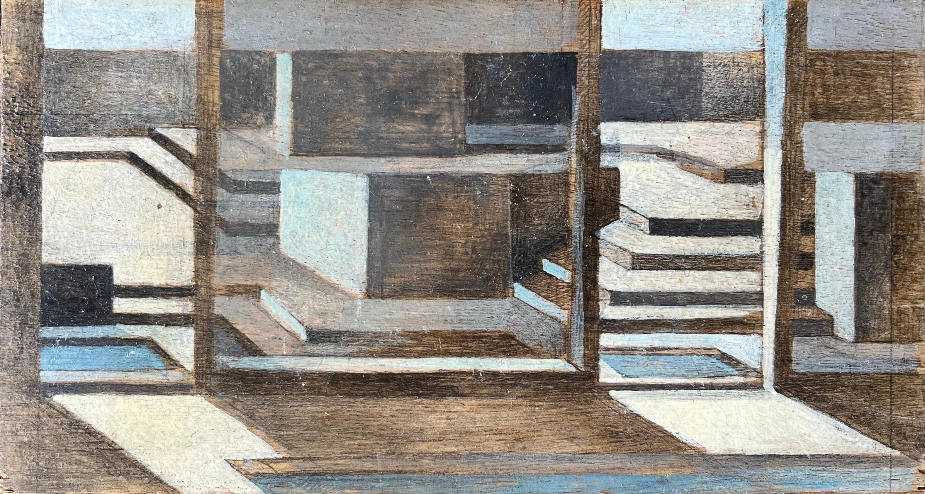 Interior Painting de Bernadette Kelly - Pintura al Óleo Moderna Interior Arquitectónico Geométrico con Luces y Sombras