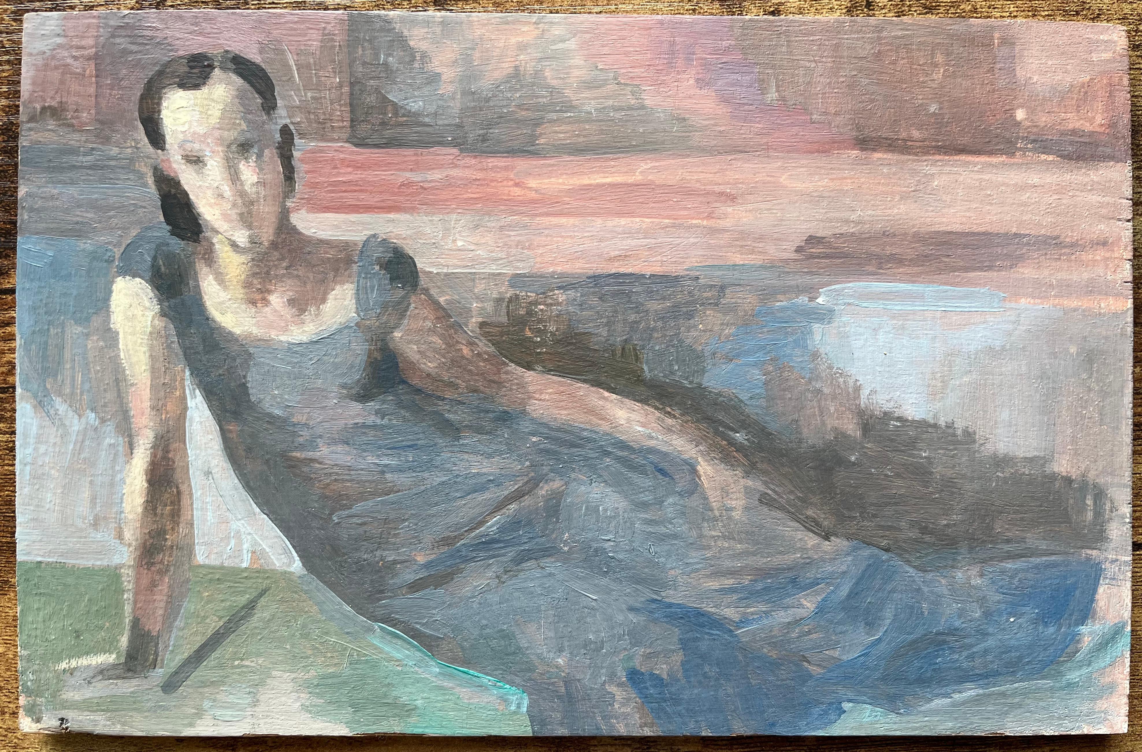 Pittura a olio francese modernista Ritratto d'atmosfera Donna sdraiata in abito blu - Painting di Bernadette Kelly
