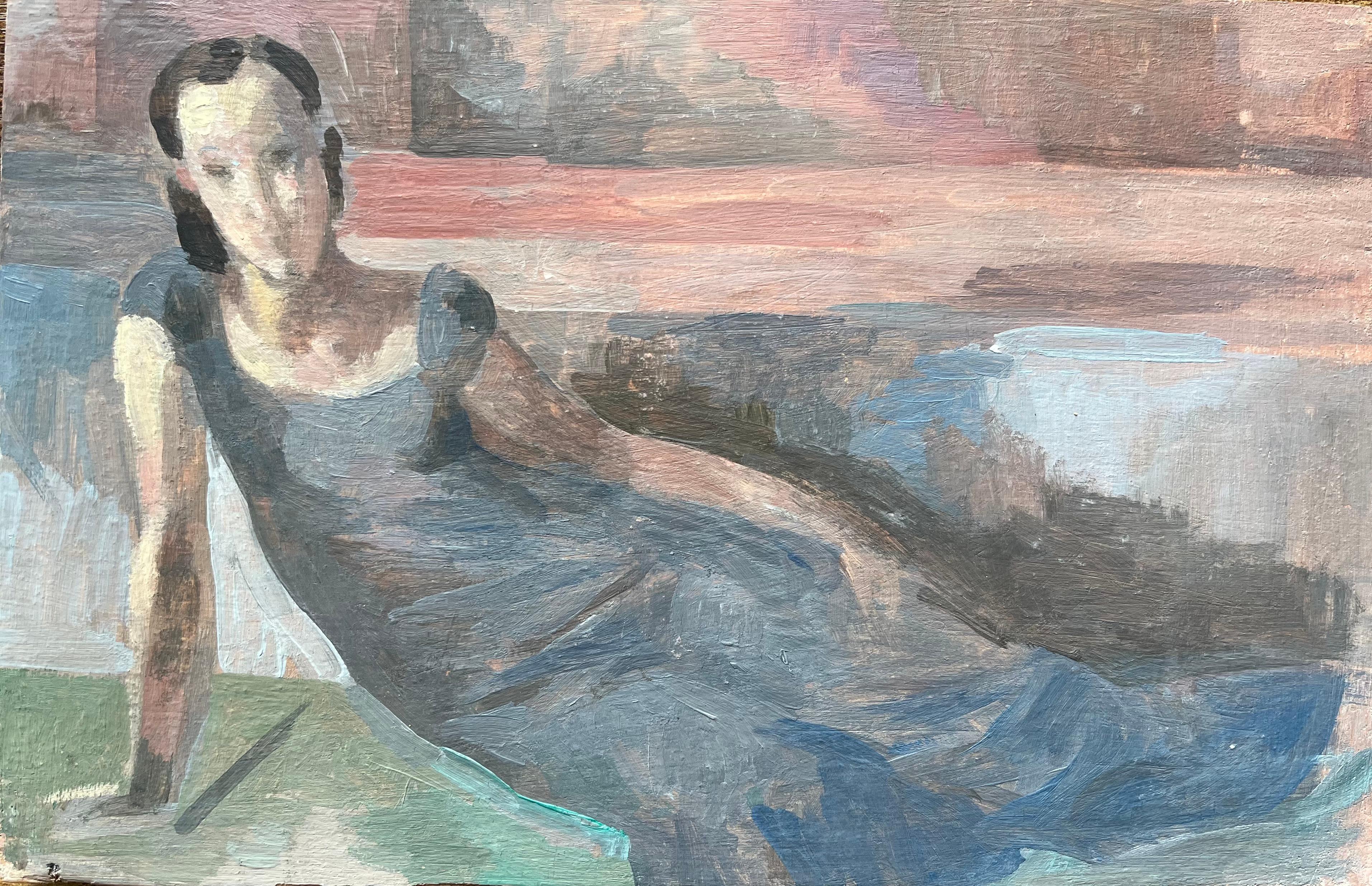 Figurative Painting di Bernadette Kelly - Pittura a olio francese modernista Ritratto d'atmosfera Donna sdraiata in abito blu