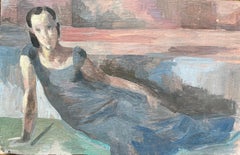 Óleo francés modernista Retrato atmosférico Mujer reclinada con vestido azul