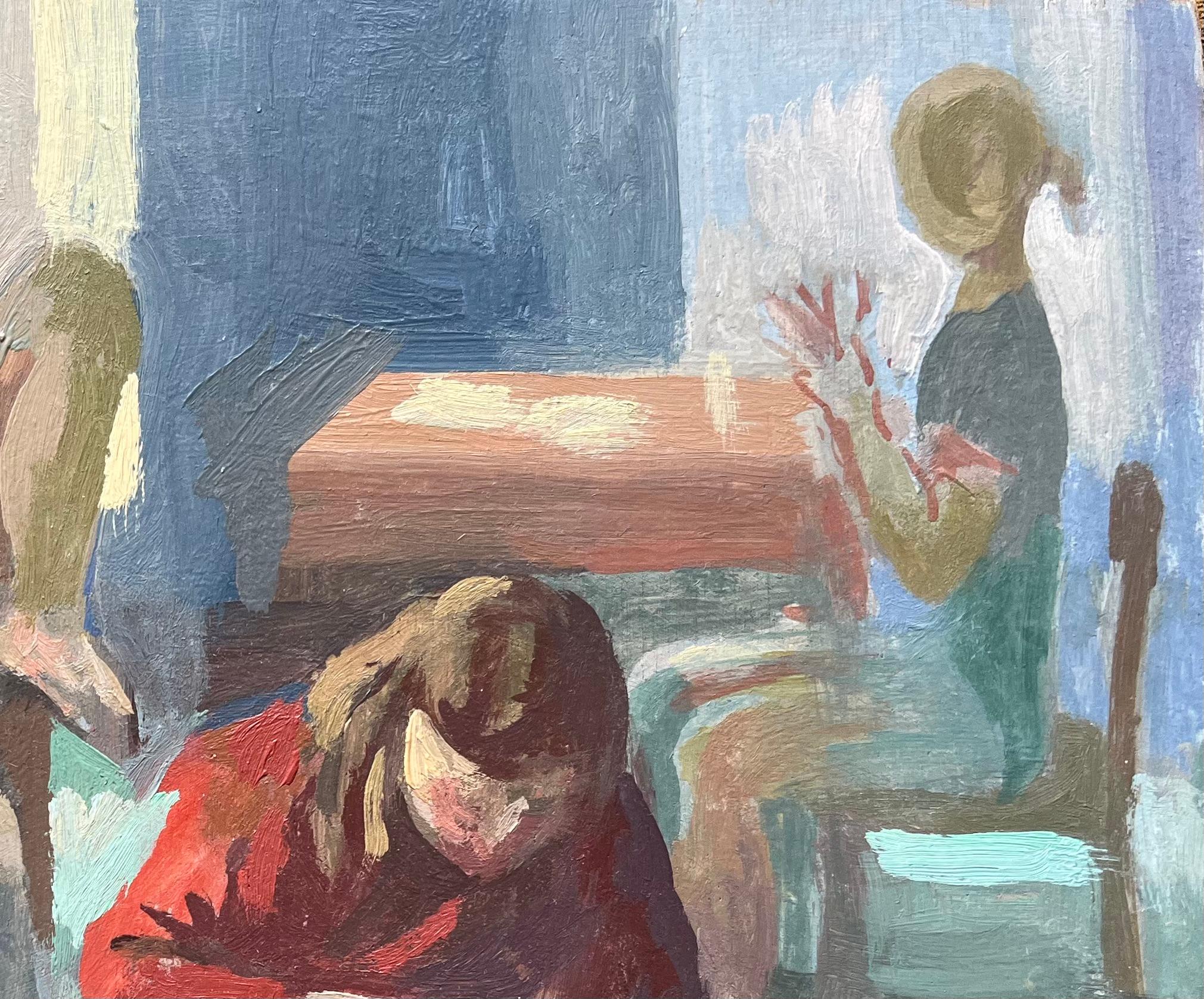 Óleo francés modernista Grupo de mujeres en un interior - Figurative Painting Gris de Bernadette Kelly