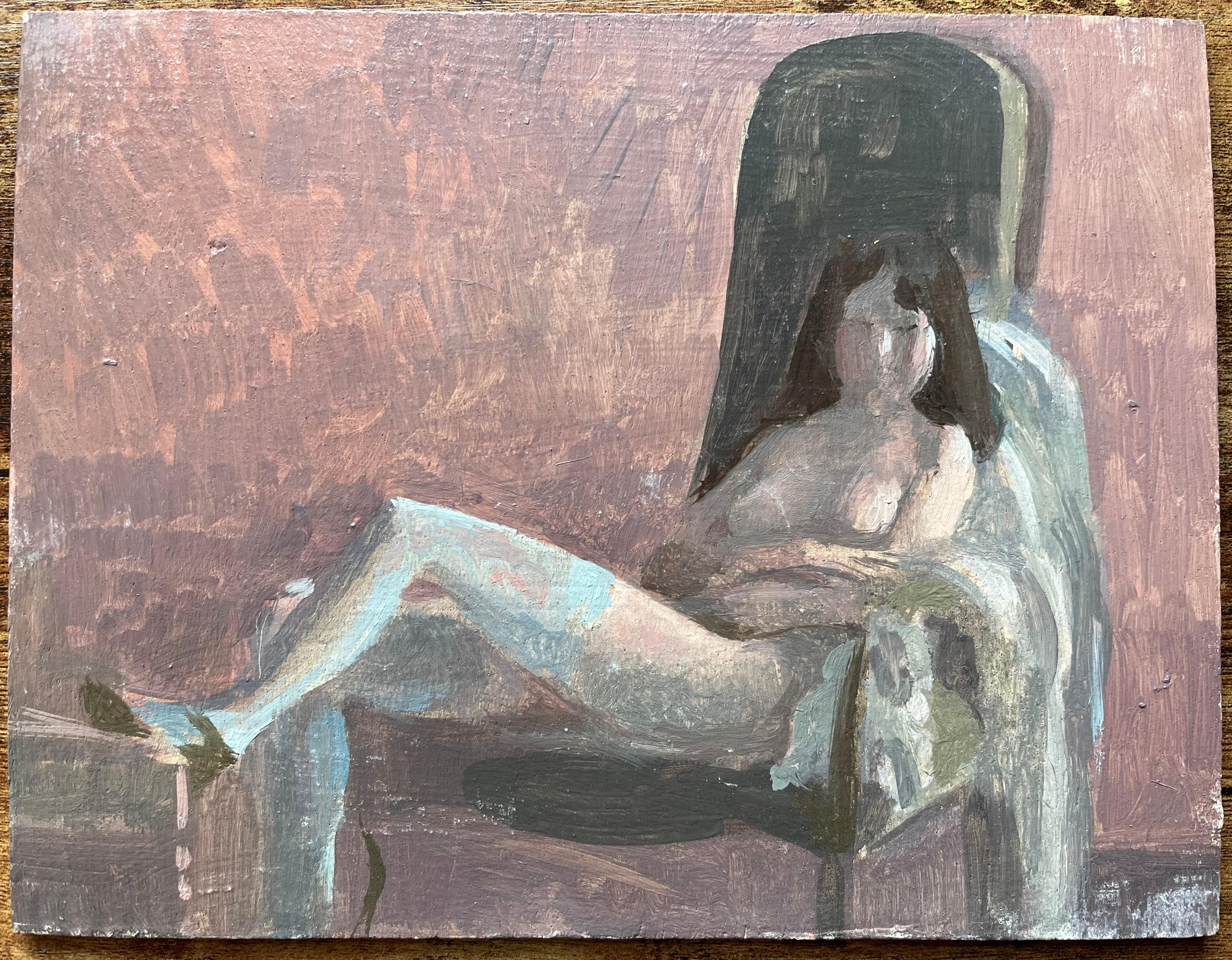 Óleo francés modernista Mujer desnuda reclinada Medias y zapatos azules - Painting de Bernadette Kelly